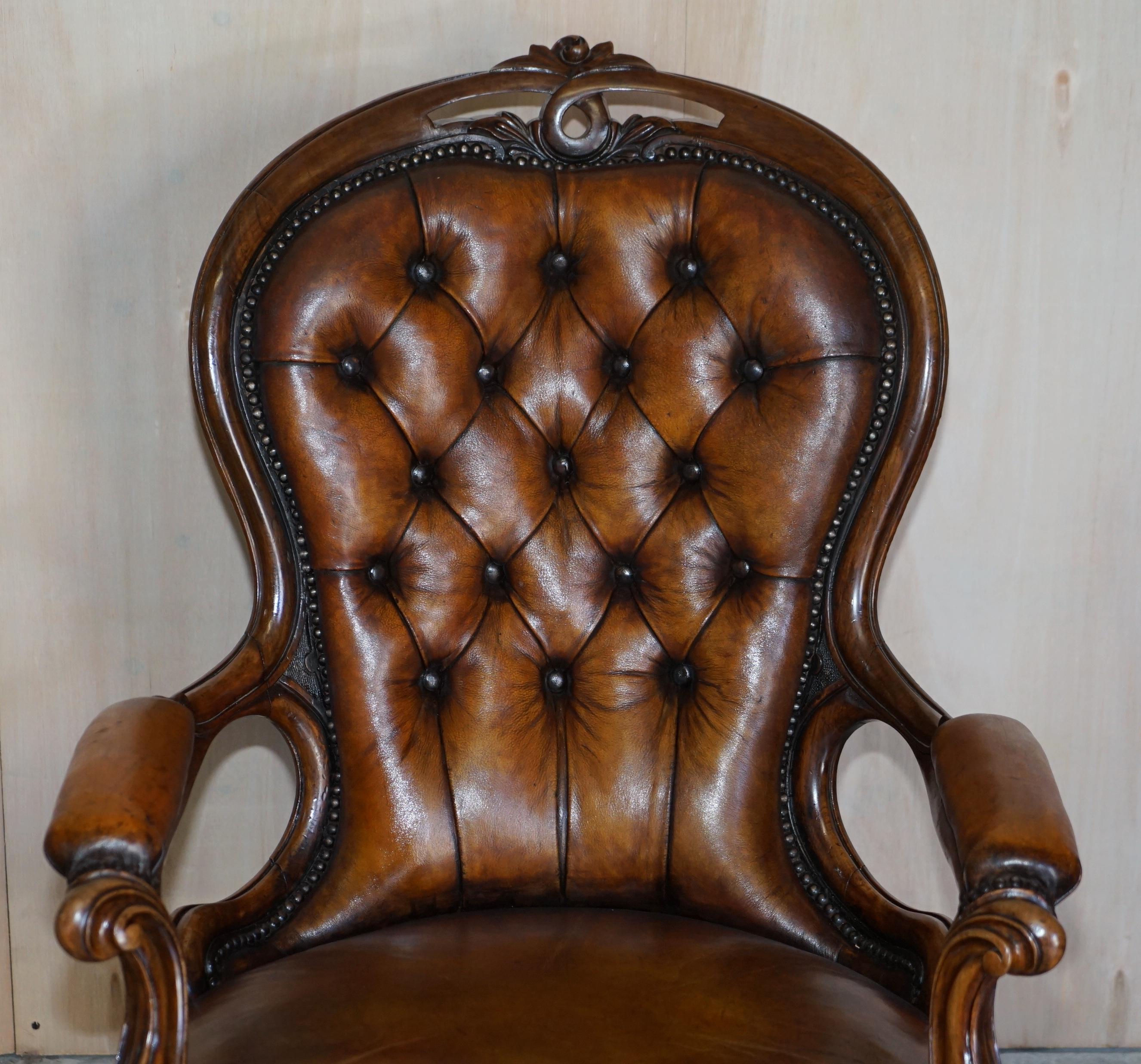 High Victorian Fine Antique Show Framed Victorian Chesterfield Brown Leather Library Armchair For Sale