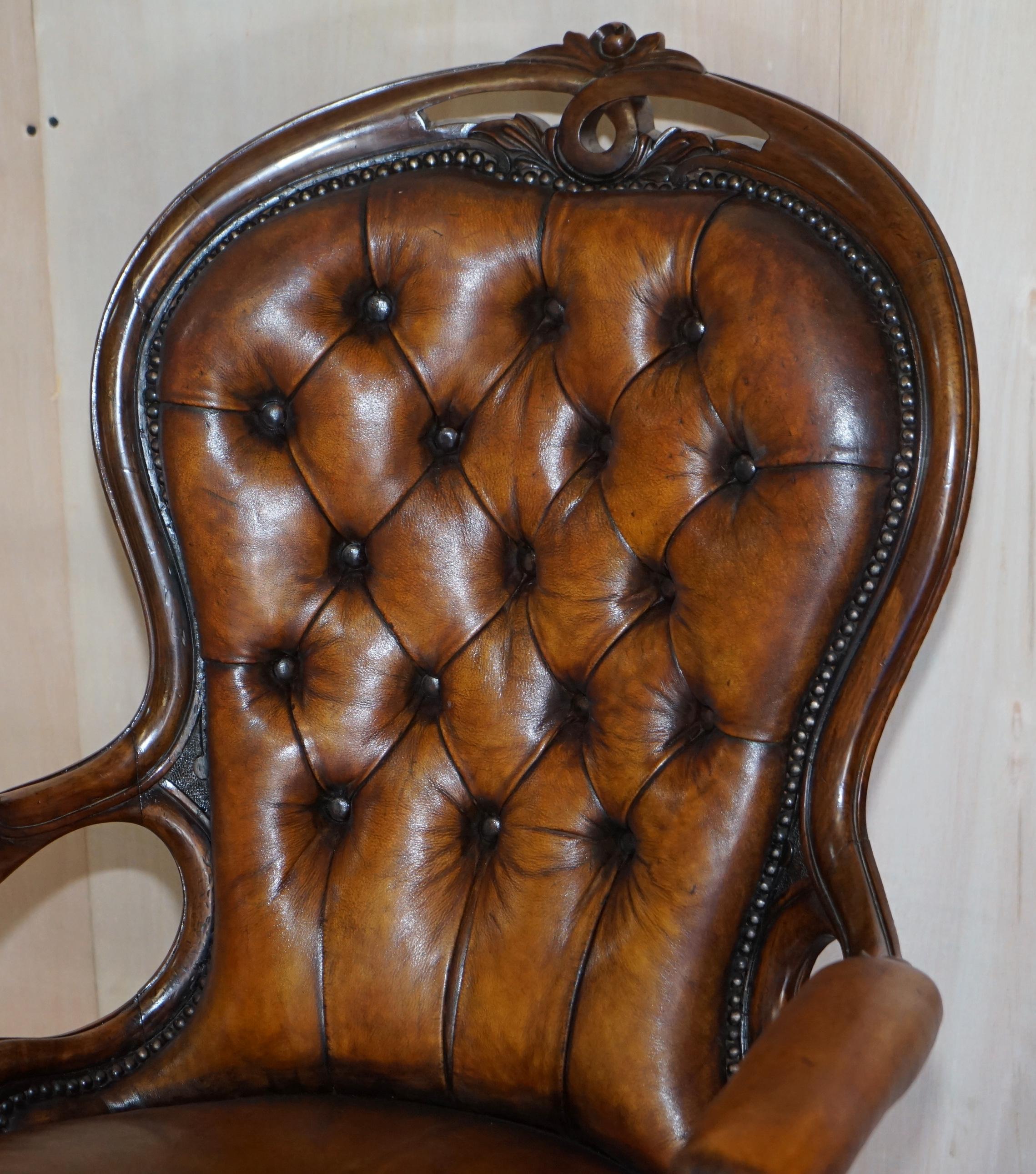 English Fine Antique Show Framed Victorian Chesterfield Brown Leather Library Armchair For Sale