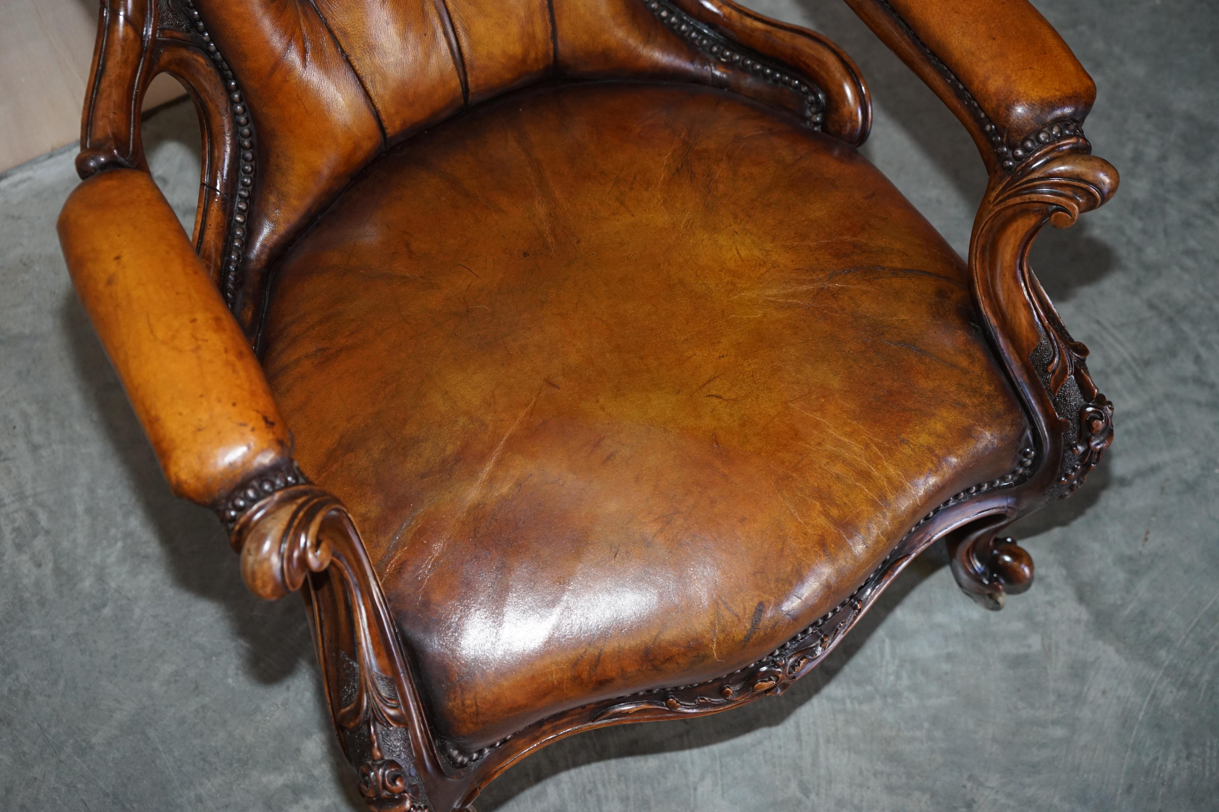 Fine Antique Show Framed Victorian Chesterfield Brown Leather Library Armchair For Sale 2