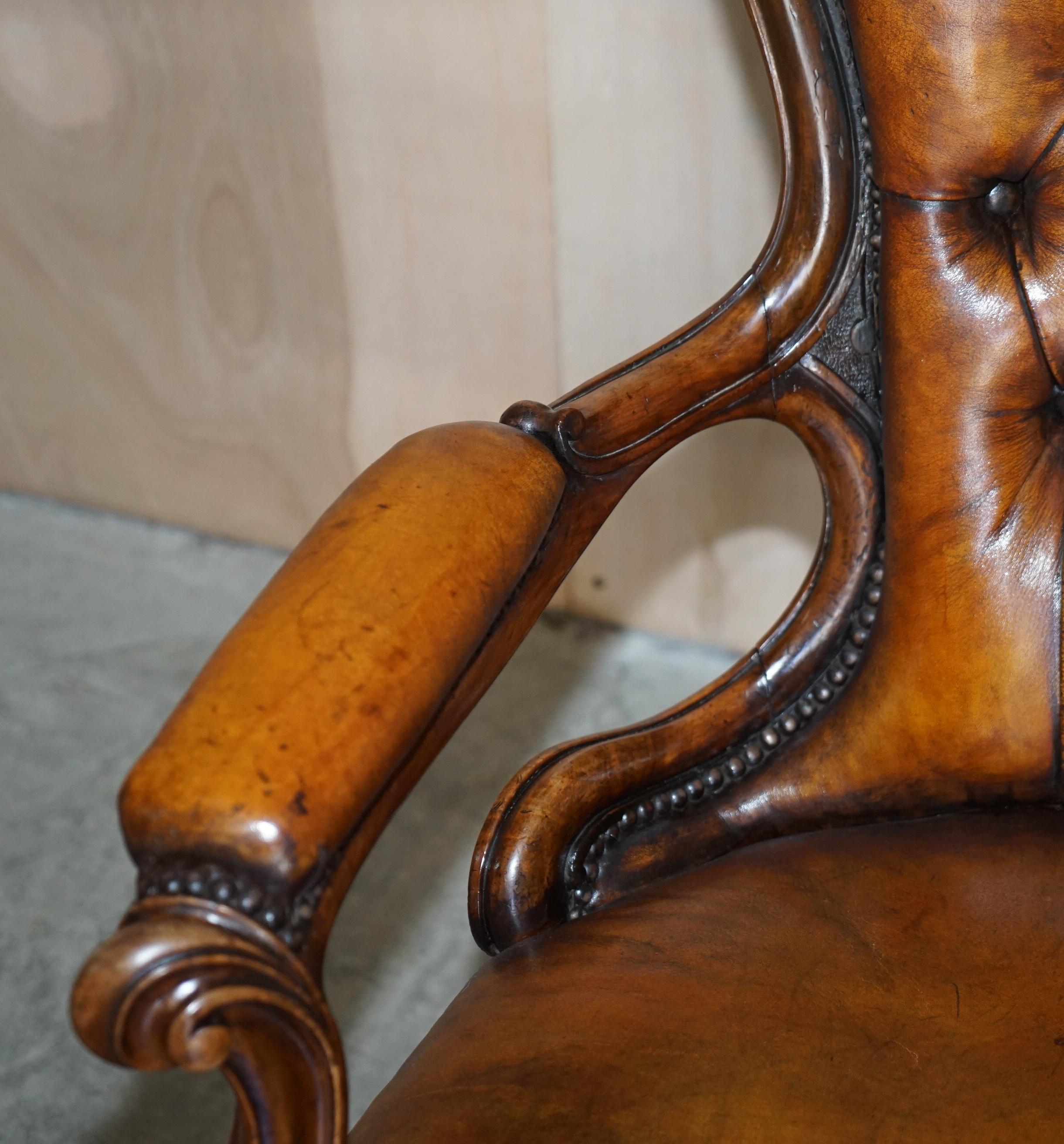 Fine Antique Show Framed Victorian Chesterfield Brown Leather Library Armchair For Sale 2