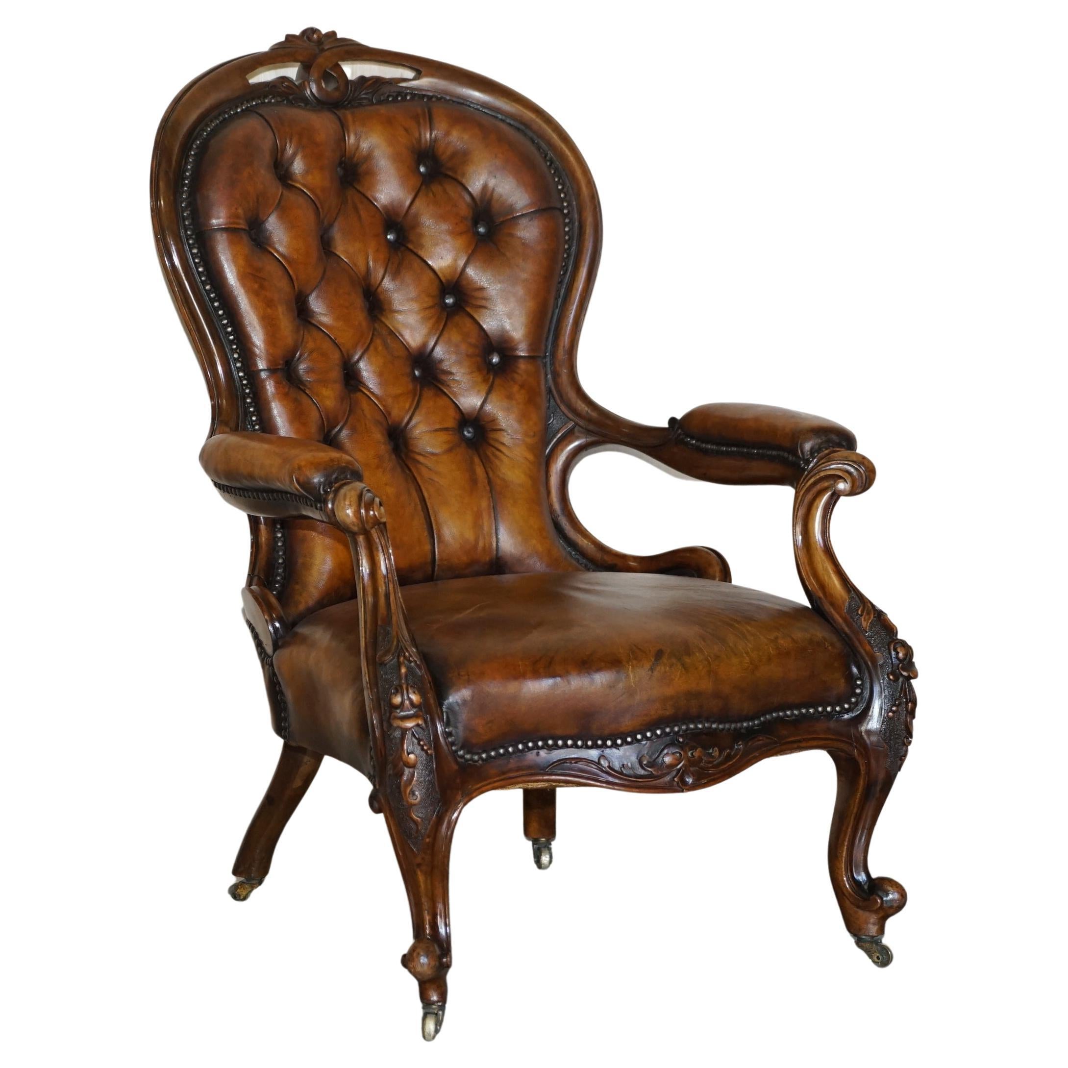 Fine Antique Show Framed Victorian Chesterfield Brown Leather Library Armchair For Sale
