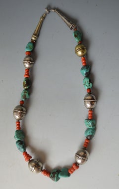 Fine Antique Silver Bead Coral and Turquoise Necklace Himalaya Tibet