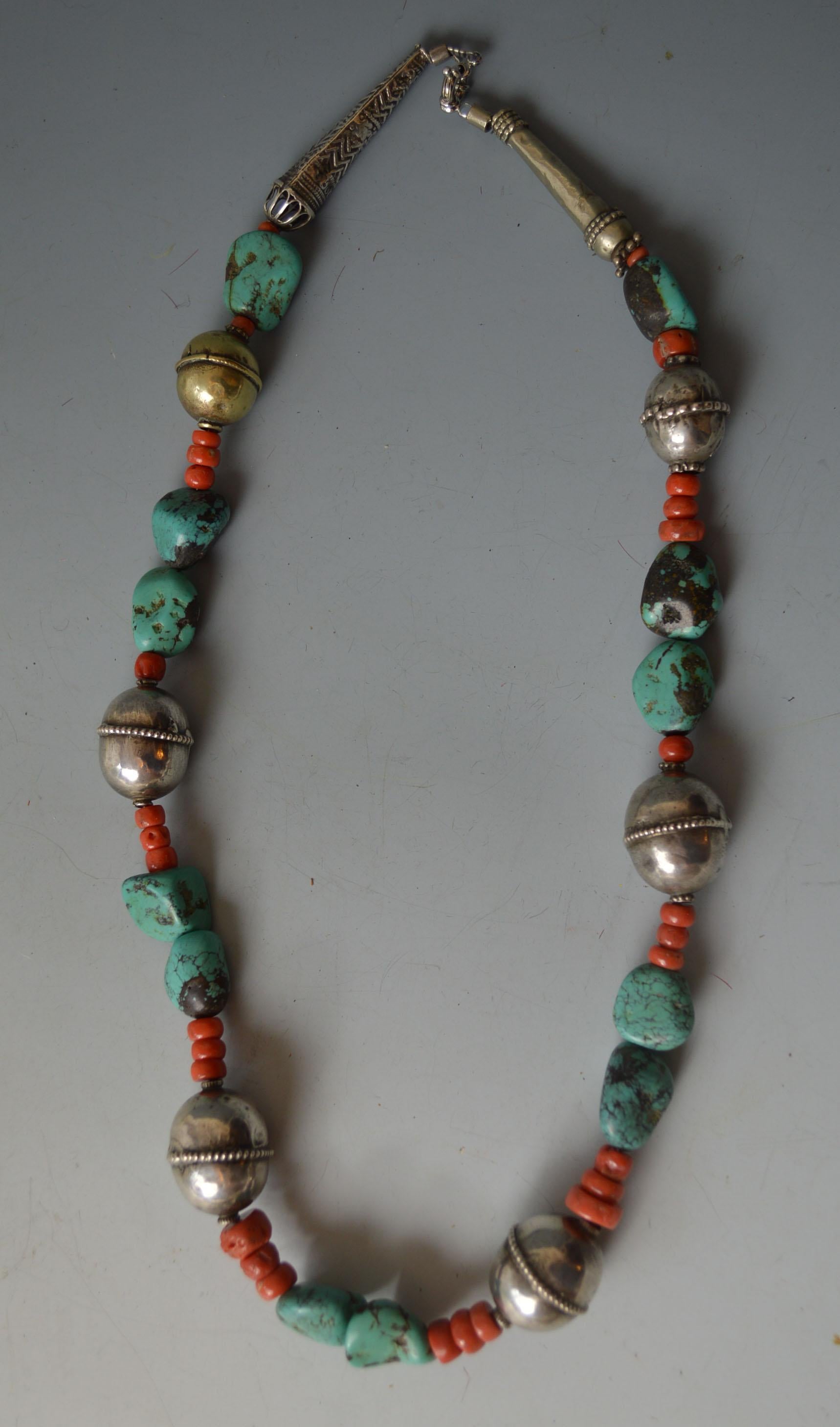 Tibetan Fine Antique Silver Bead Coral and Turquoise Necklace Himalaya Tibet For Sale