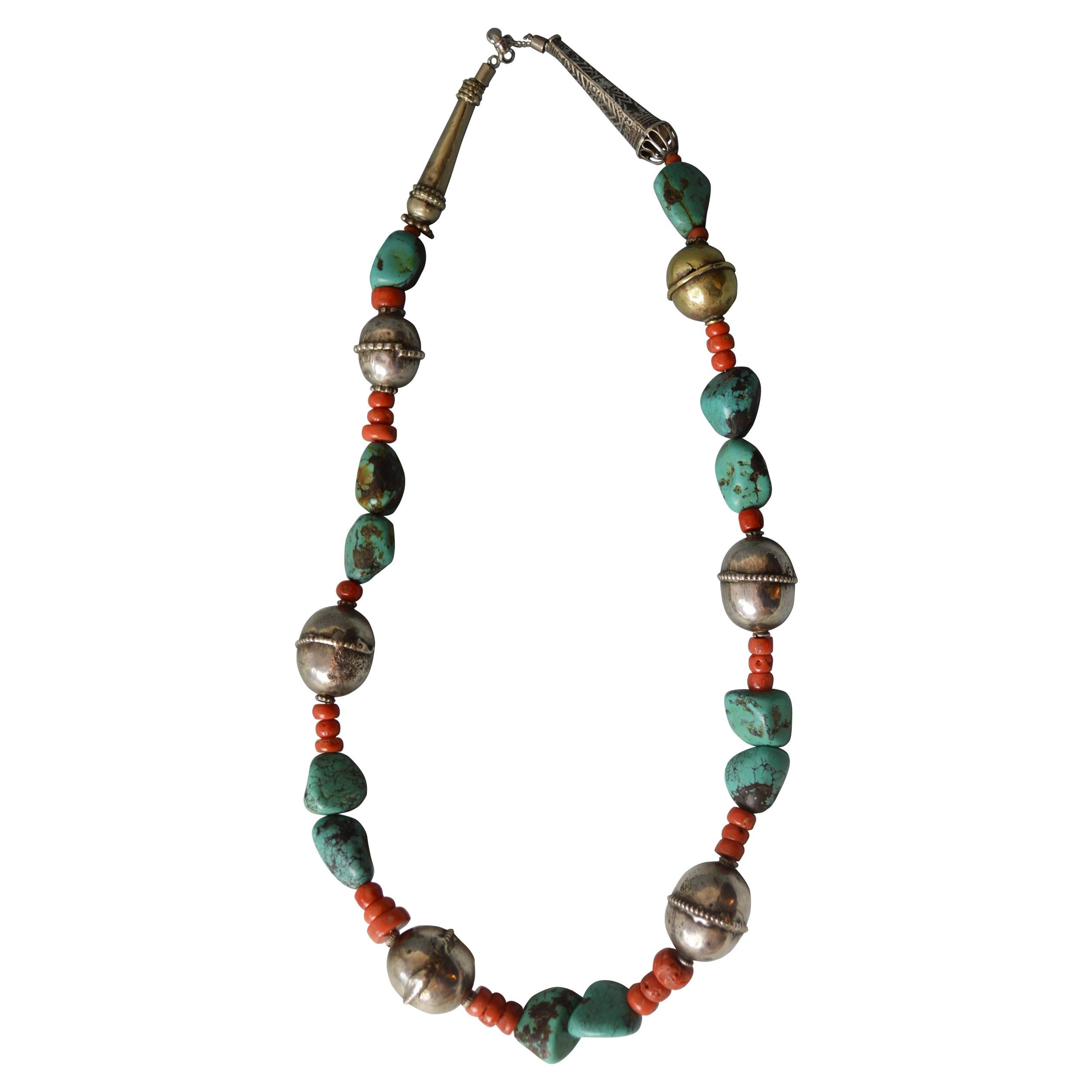 Fine Antique Silver Bead Coral and Turquoise Necklace Himalaya Tibet For Sale