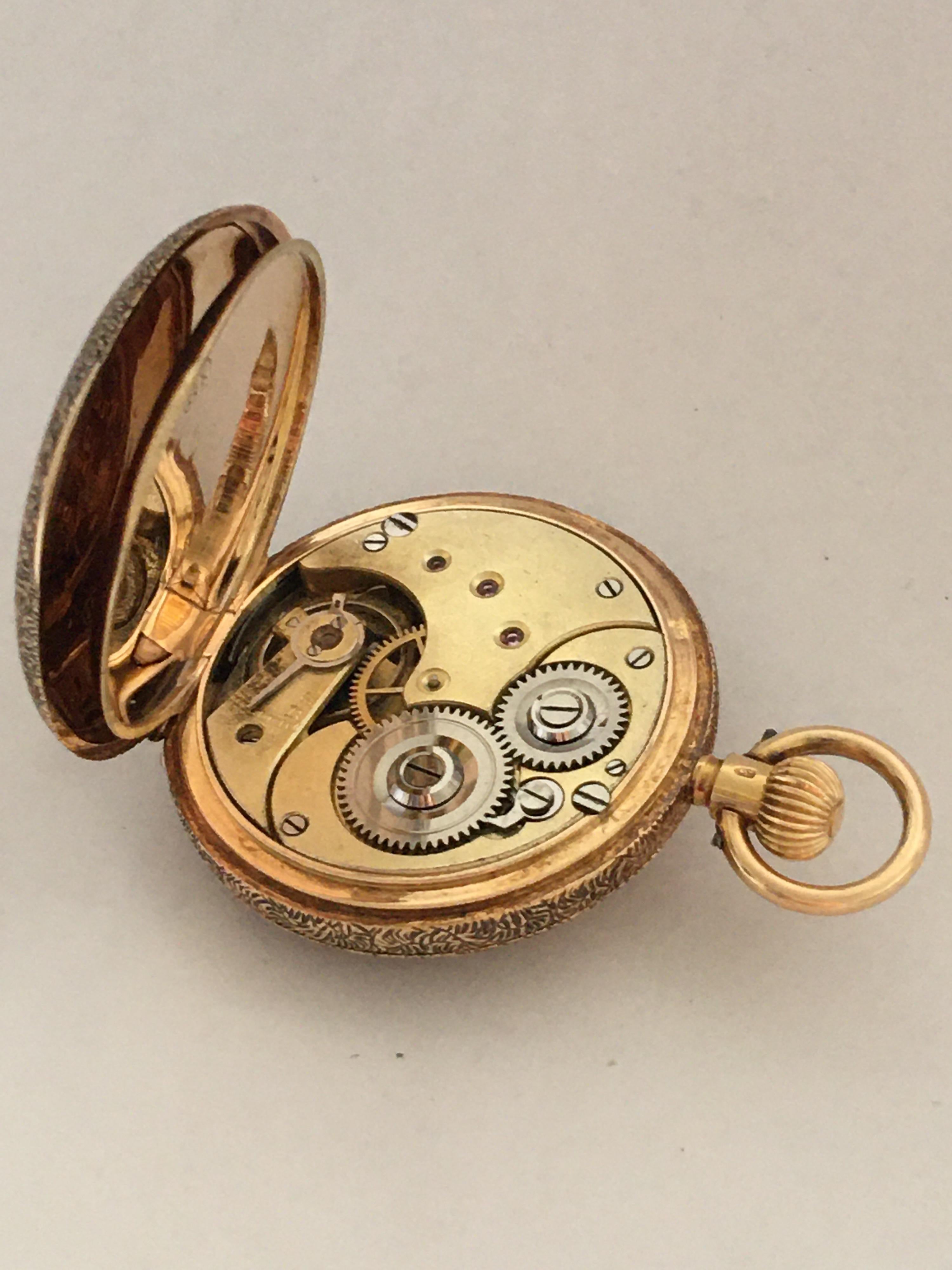 Fine Antique small 14k Gold Half Hunter Full Engraved Case Fob/ Pocket Watch For Sale 3