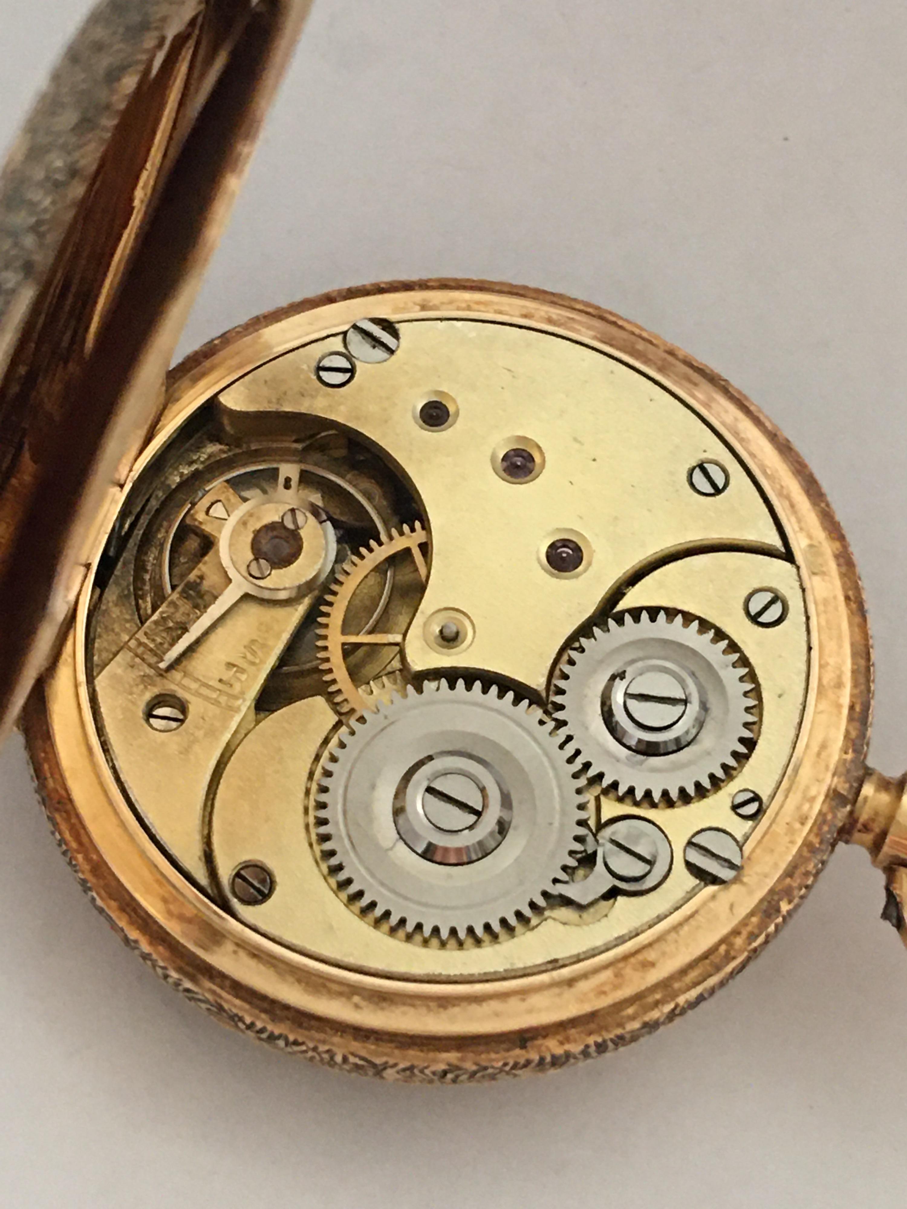 Fine Antique small 14k Gold Half Hunter Full Engraved Case Fob/ Pocket Watch For Sale 4