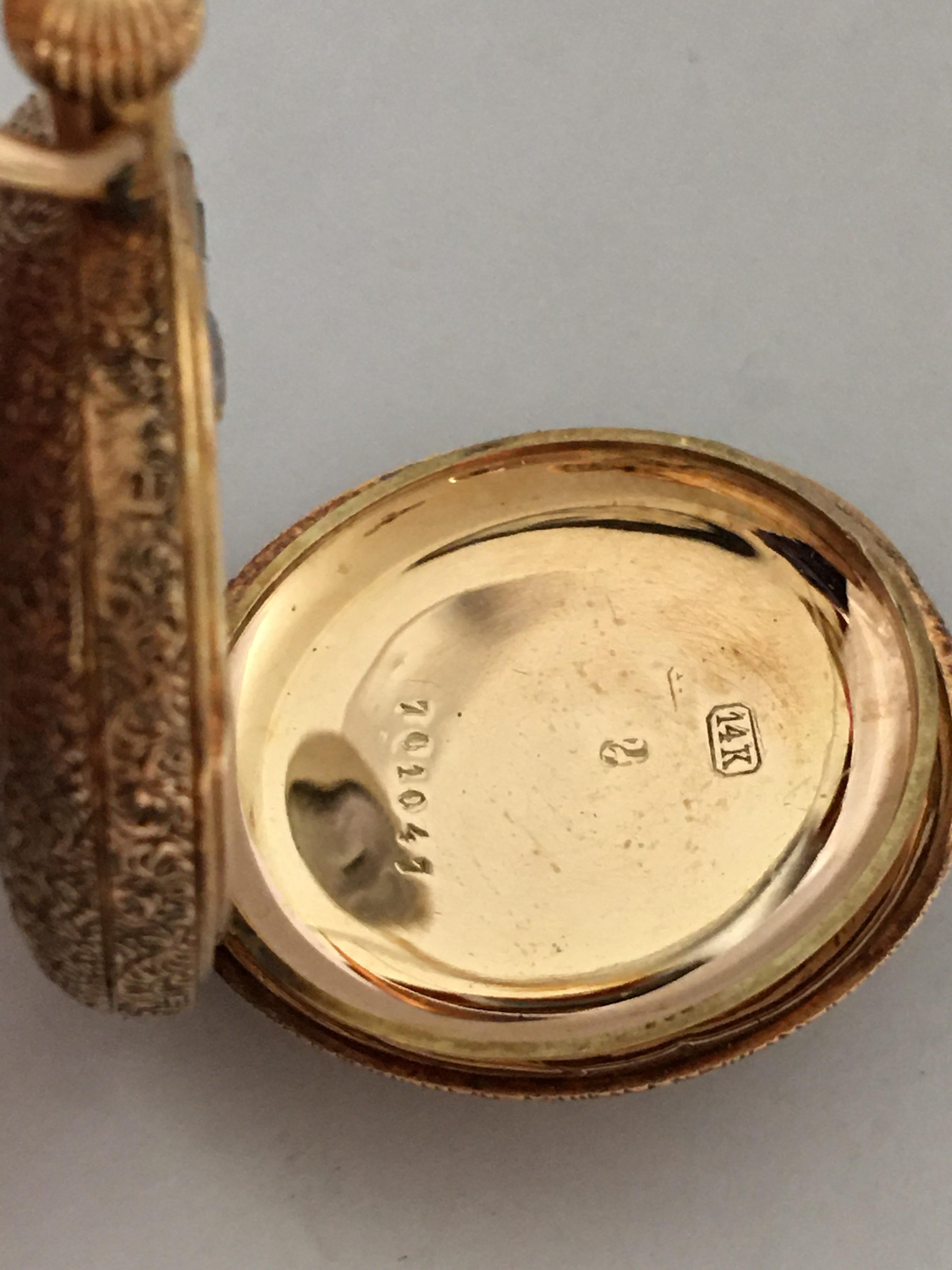 Fine Antique small 14k Gold Half Hunter Full Engraved Case Fob/ Pocket Watch For Sale 5