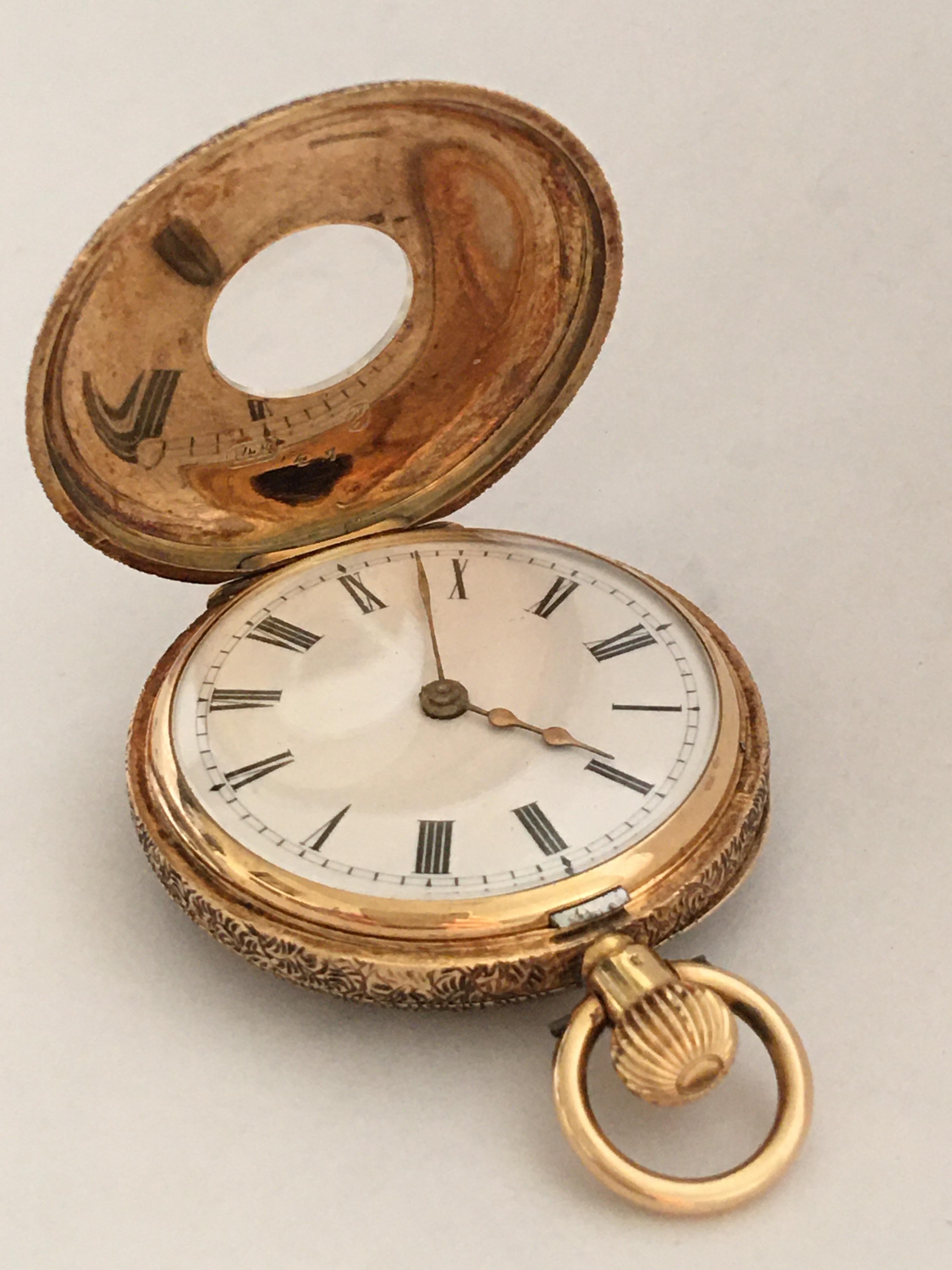 Fine Antique small 14k Gold Half Hunter Full Engraved Case Fob/ Pocket Watch For Sale 7