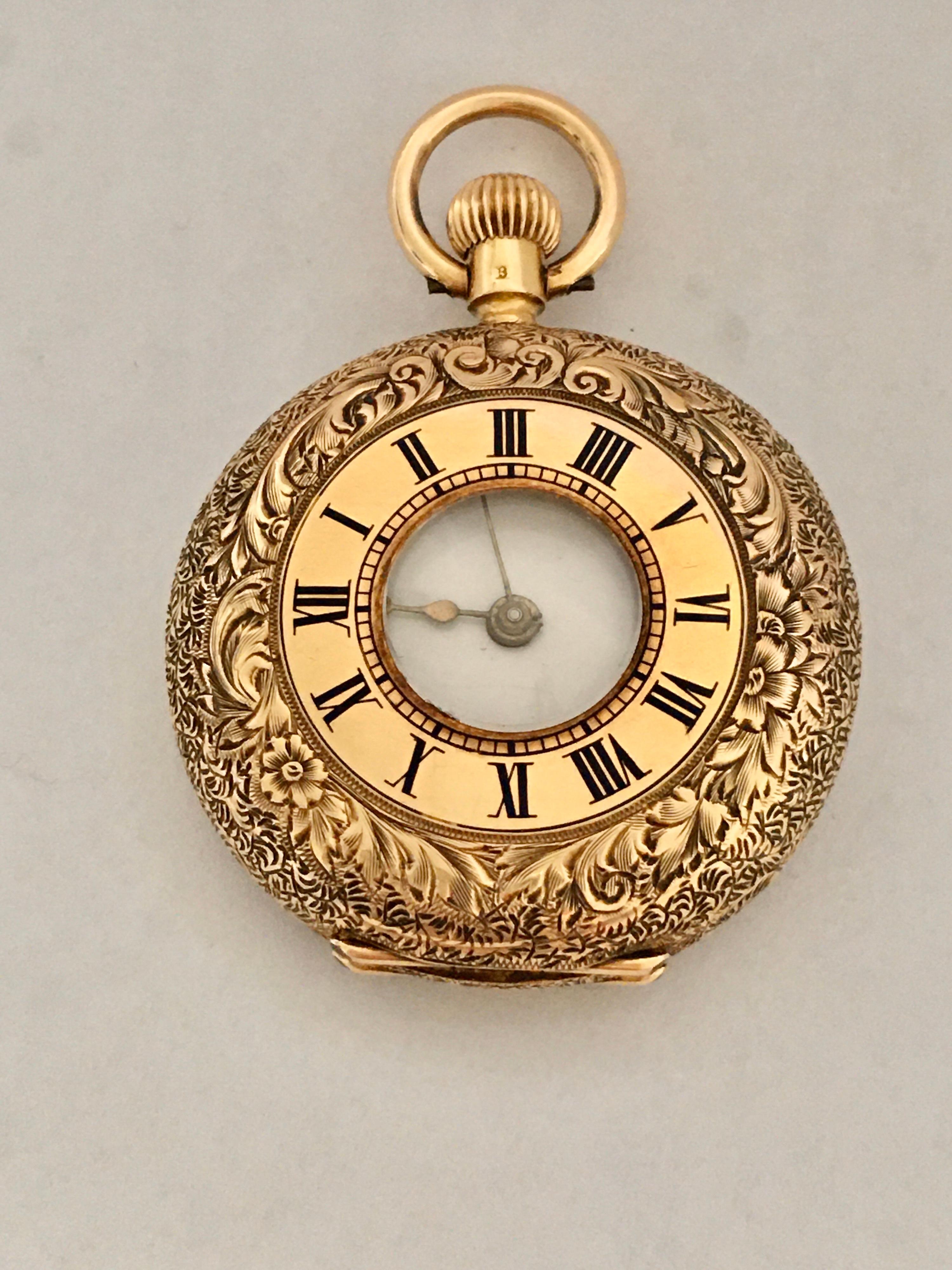 Fine Antique small 14k Gold Half Hunter Full Engraved Case Fob/ Pocket Watch For Sale 9