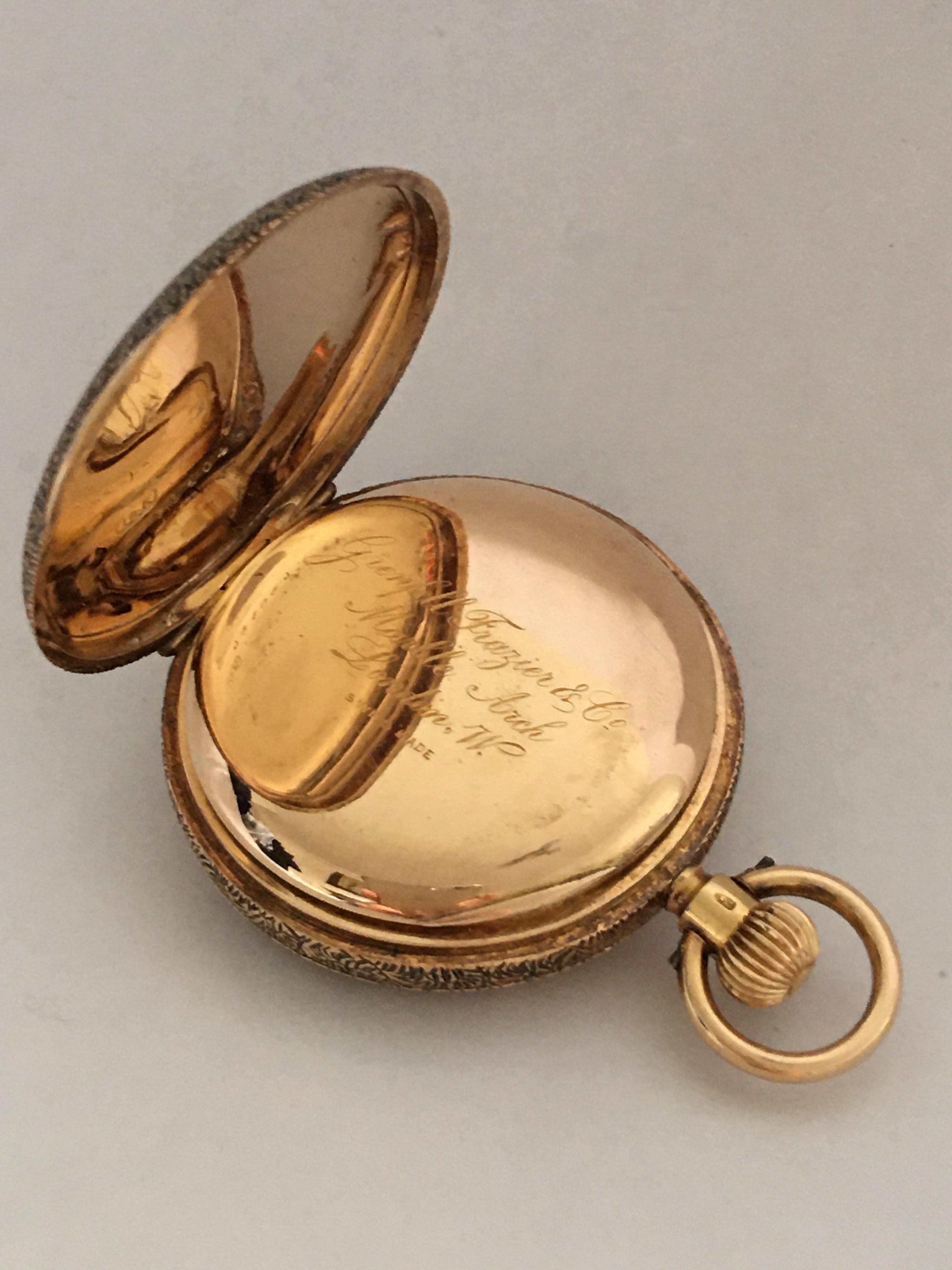 Women's or Men's Fine Antique small 14k Gold Half Hunter Full Engraved Case Fob/ Pocket Watch For Sale