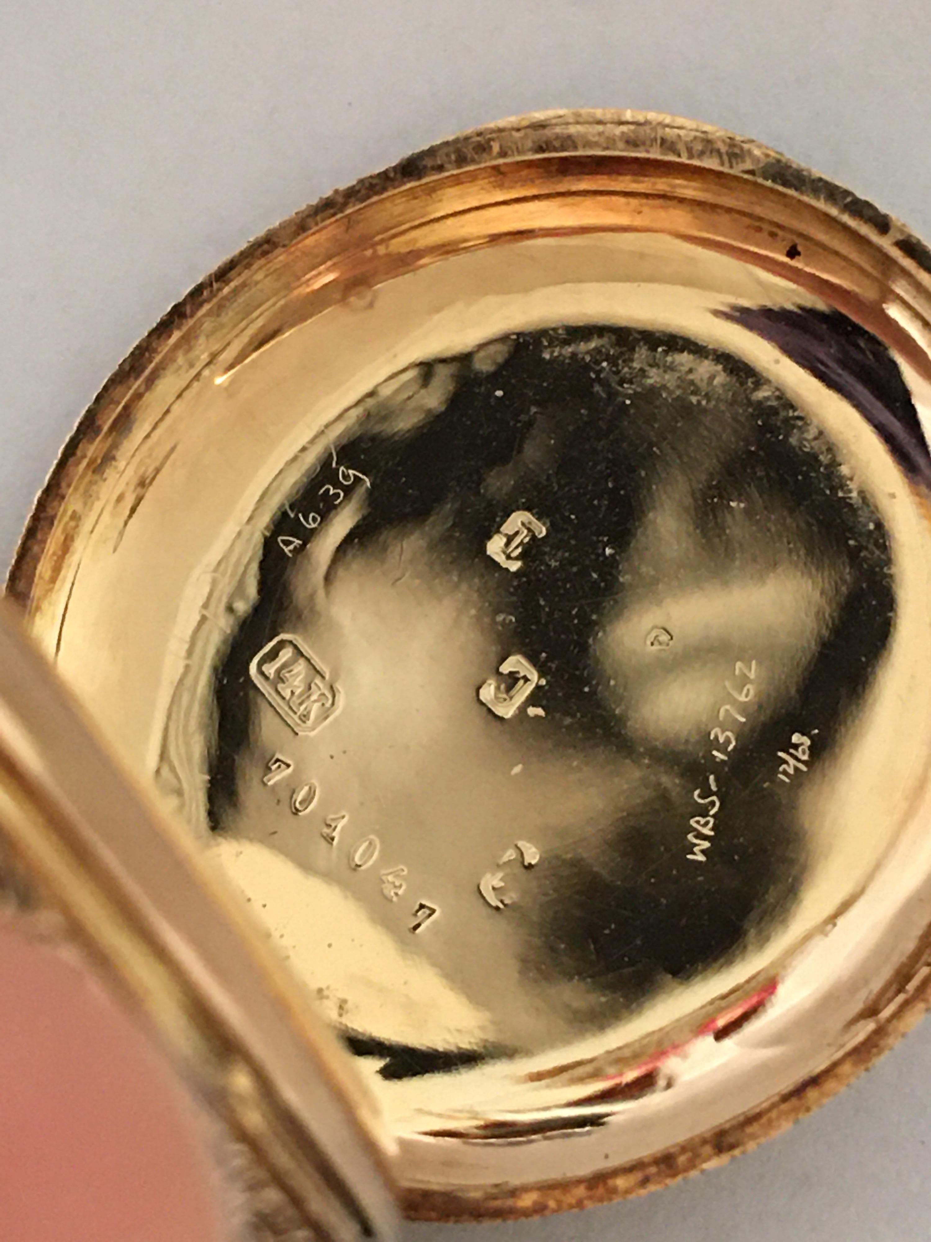 Fine Antique small 14k Gold Half Hunter Full Engraved Case Fob/ Pocket Watch For Sale 2