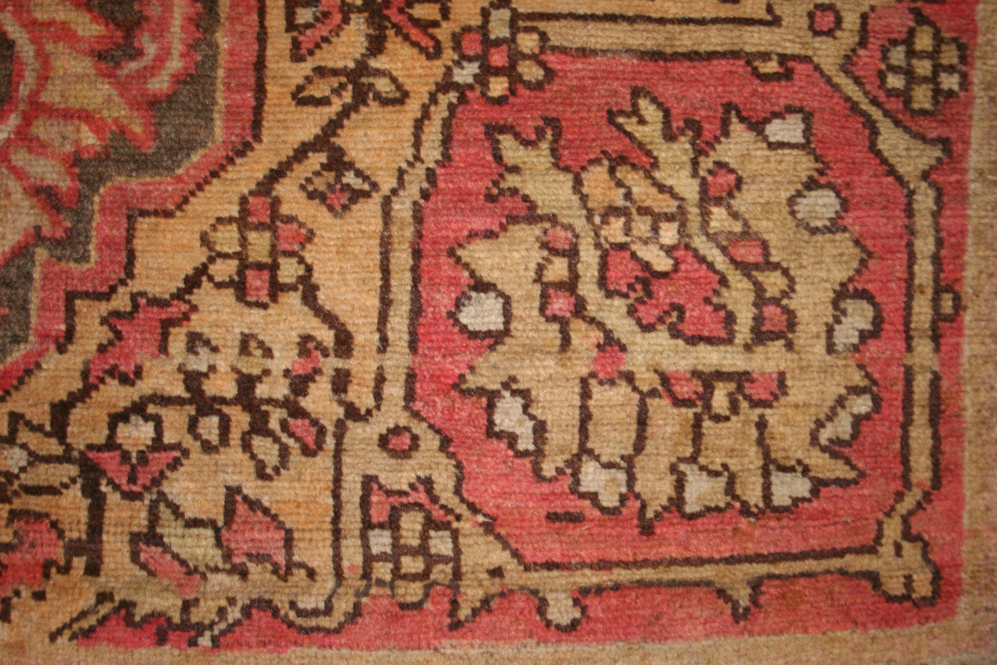 Sarouk Farahan Fine Antique Soft Yellow and Salmon Pink Scatter Rug For Sale
