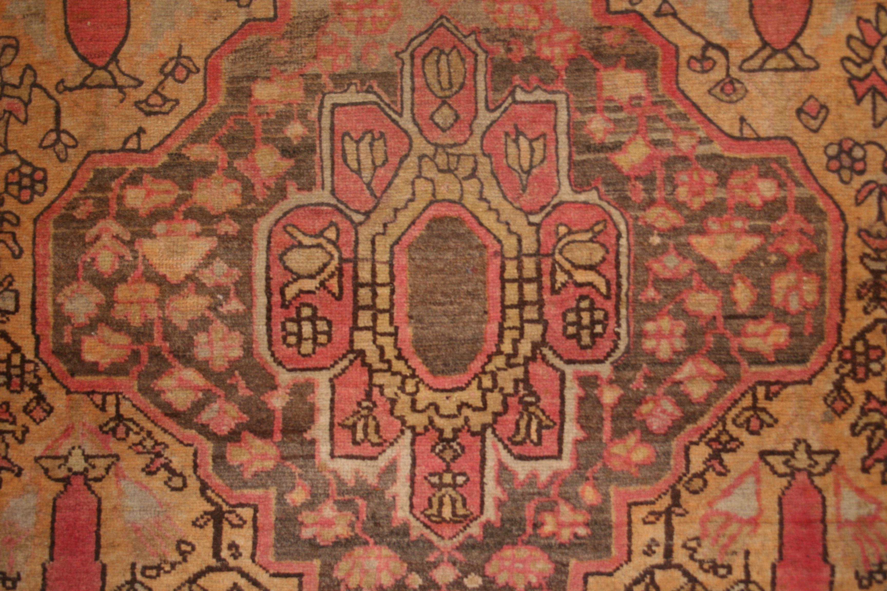 Hand-Knotted Fine Antique Soft Yellow and Salmon Pink Scatter Rug For Sale
