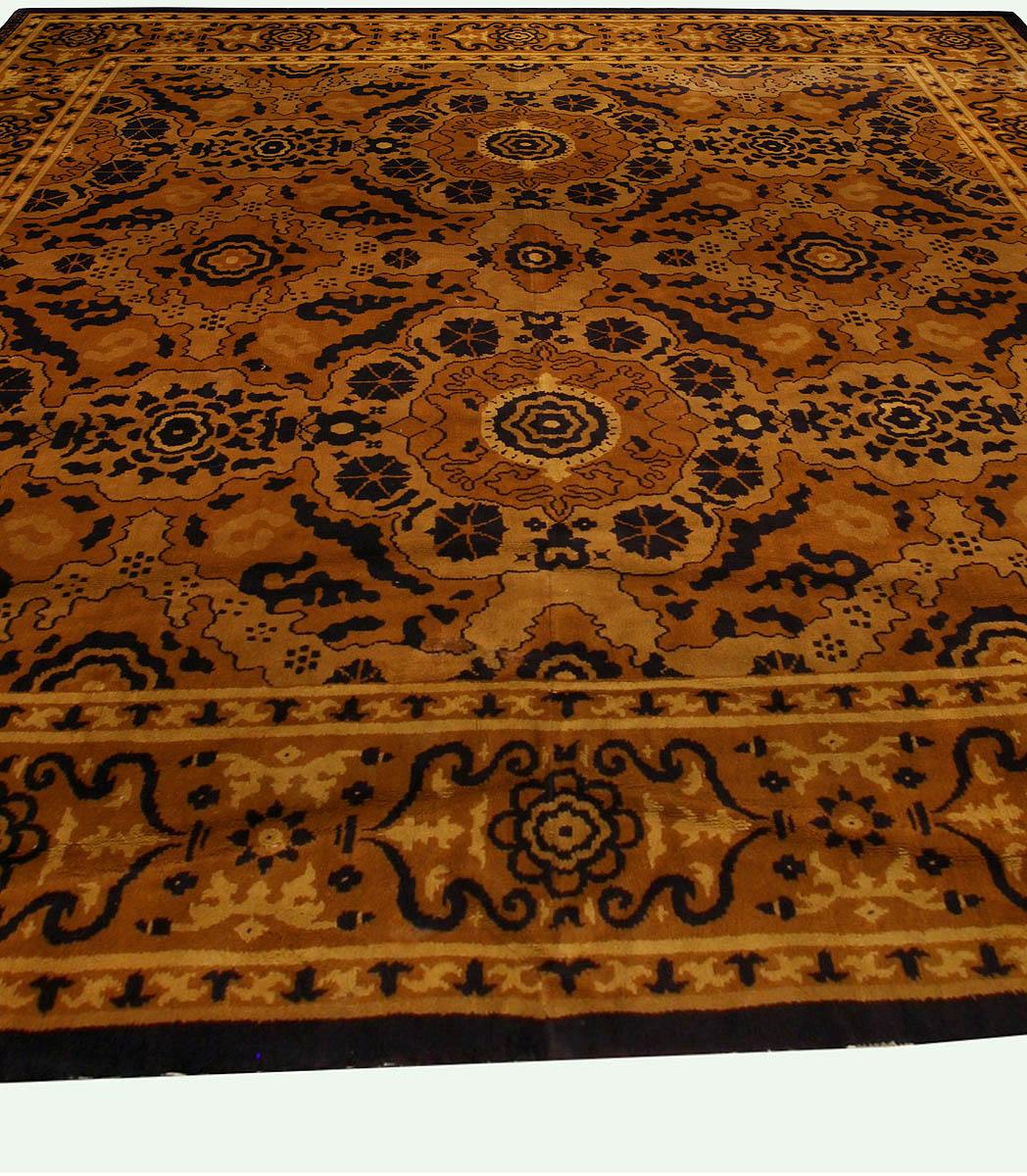 Hand-Knotted Antique Spanish Brown Abstract Handwoven Wool Rug For Sale