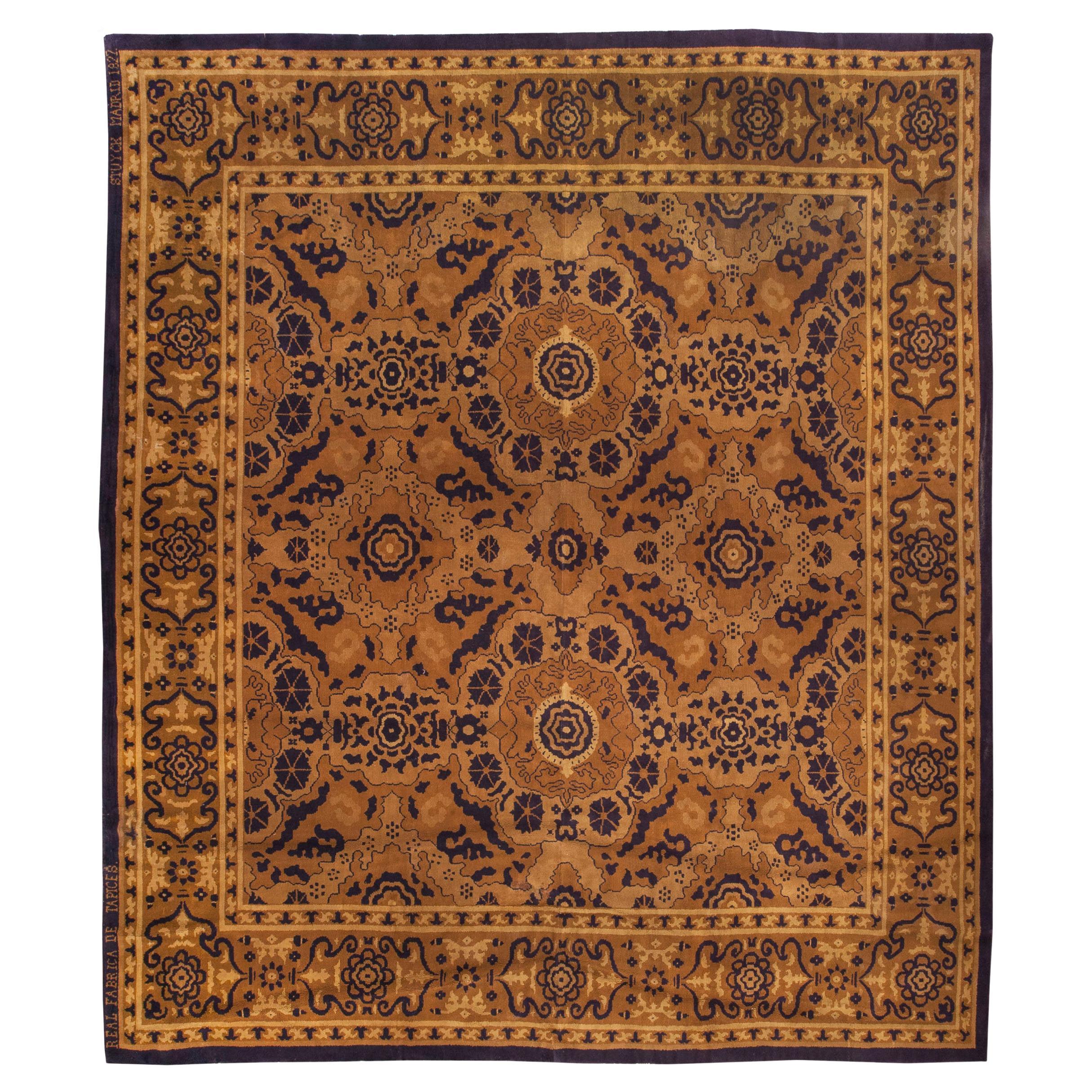 Antique Spanish Brown Abstract Handwoven Wool Rug For Sale