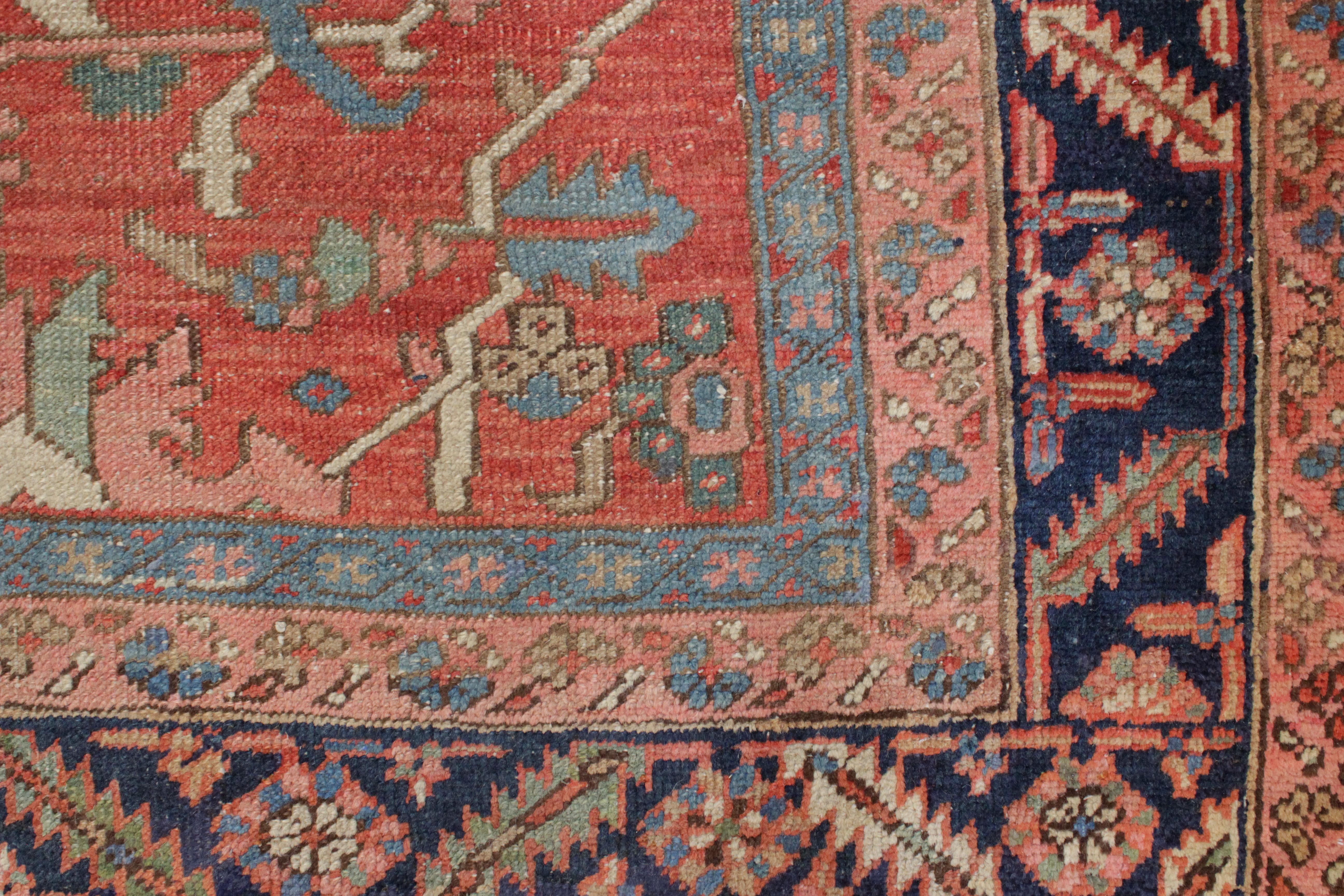 A very finely woven Heriz of the Serapi kind, distinguished by an infinite repeat network of large scale, stylised leaves and palmettes on a terracotta red background. A very rare feature of this rug is its square format, which can be extremely