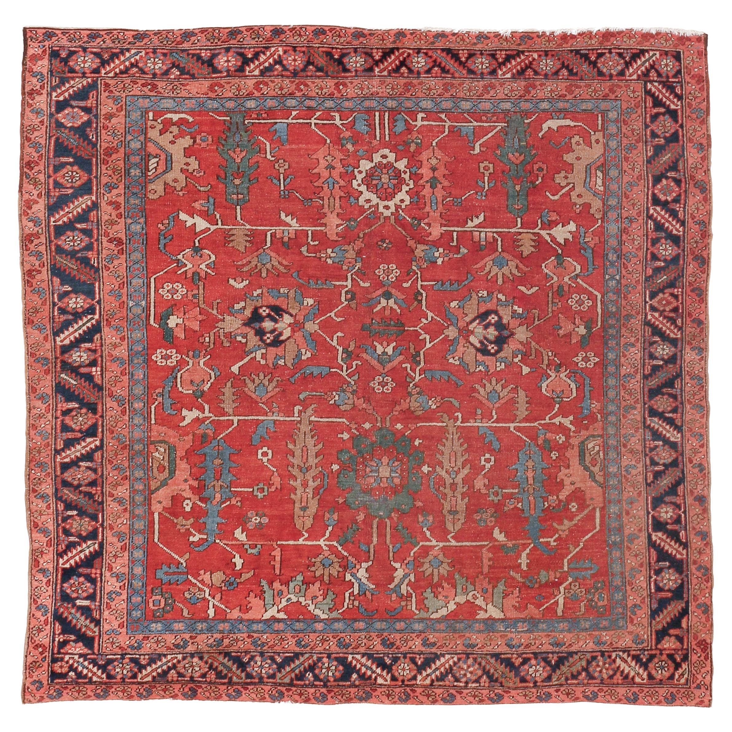 Tapis Heriz Serapi de taille carrée, à grands motifs sur toute la surface, de style ancien
