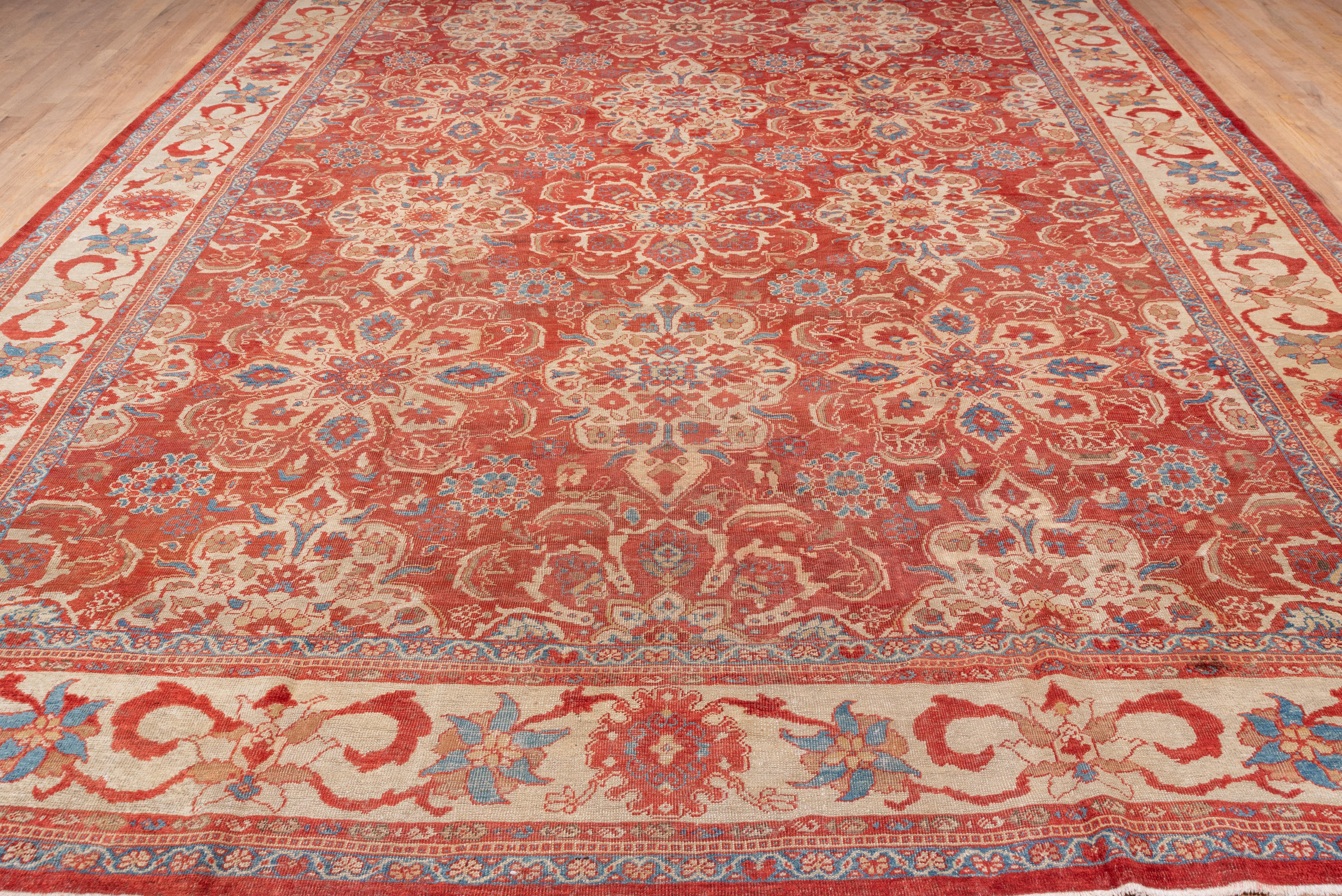 Hand-Knotted Fine Antique Sultanabad Carpet, Bright Rust Allover Field and Light Blue Details For Sale