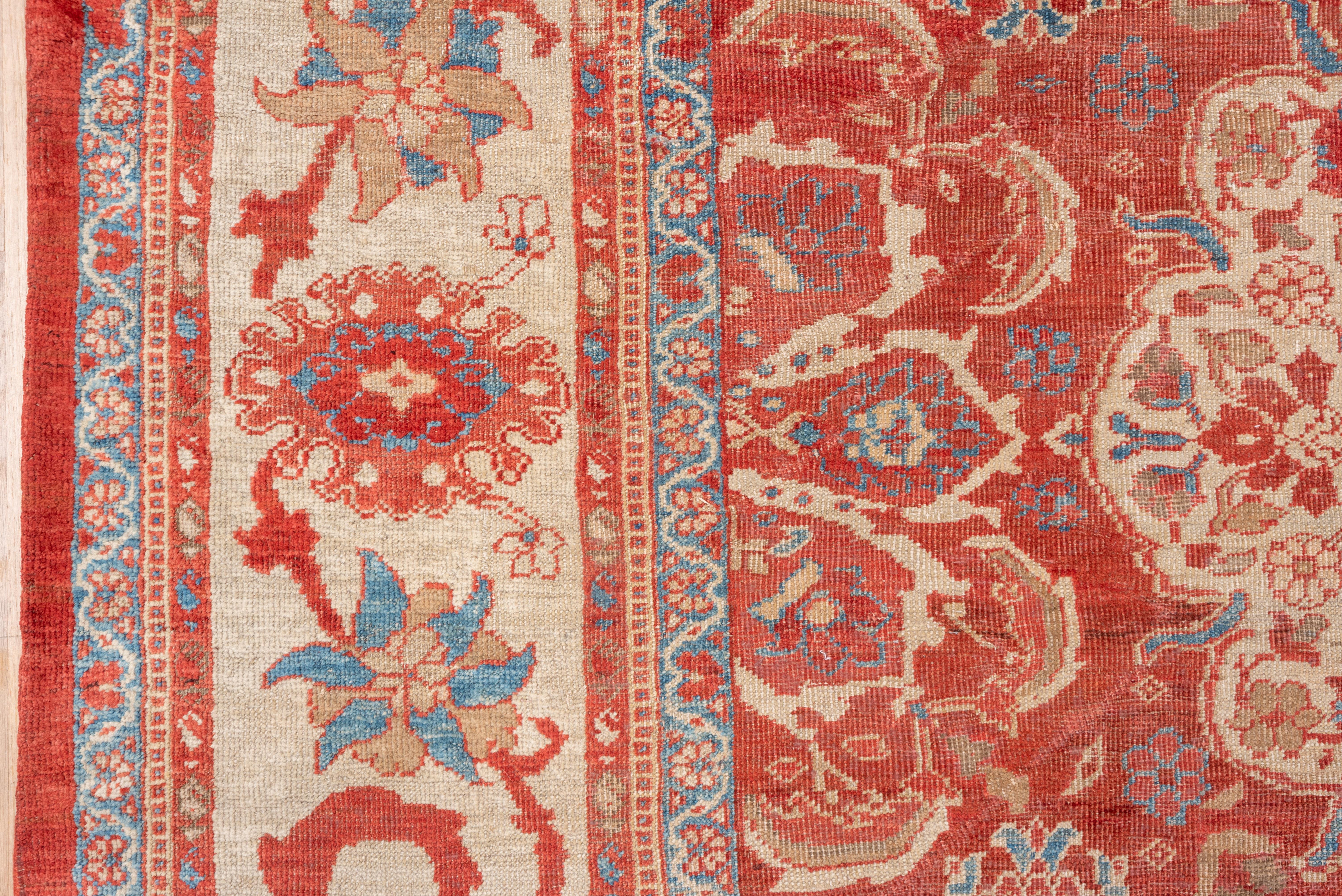 Wool Fine Antique Sultanabad Carpet, Bright Rust Allover Field and Light Blue Details For Sale