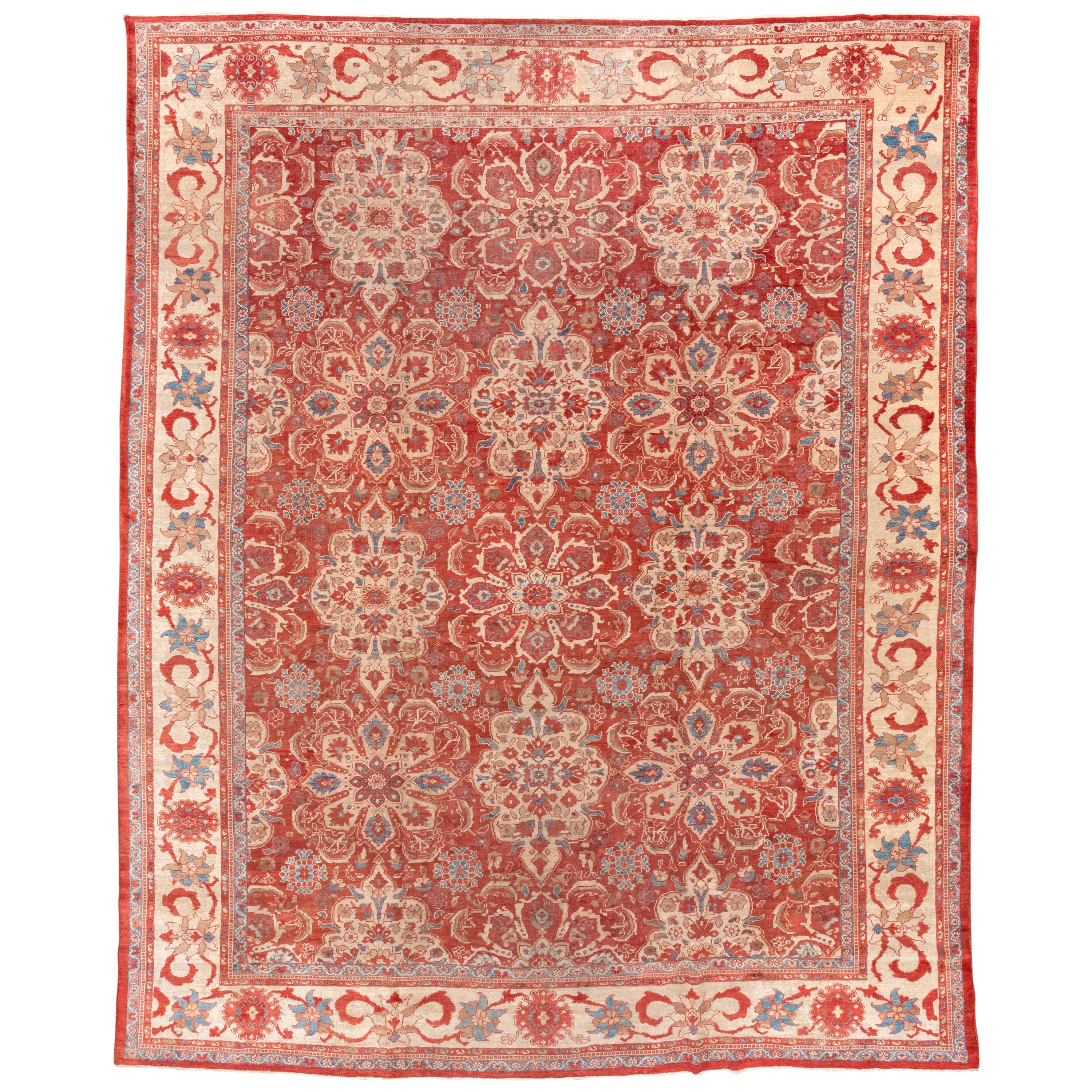 Fine Antique Sultanabad Carpet, Bright Rust Allover Field and Light Blue Details For Sale