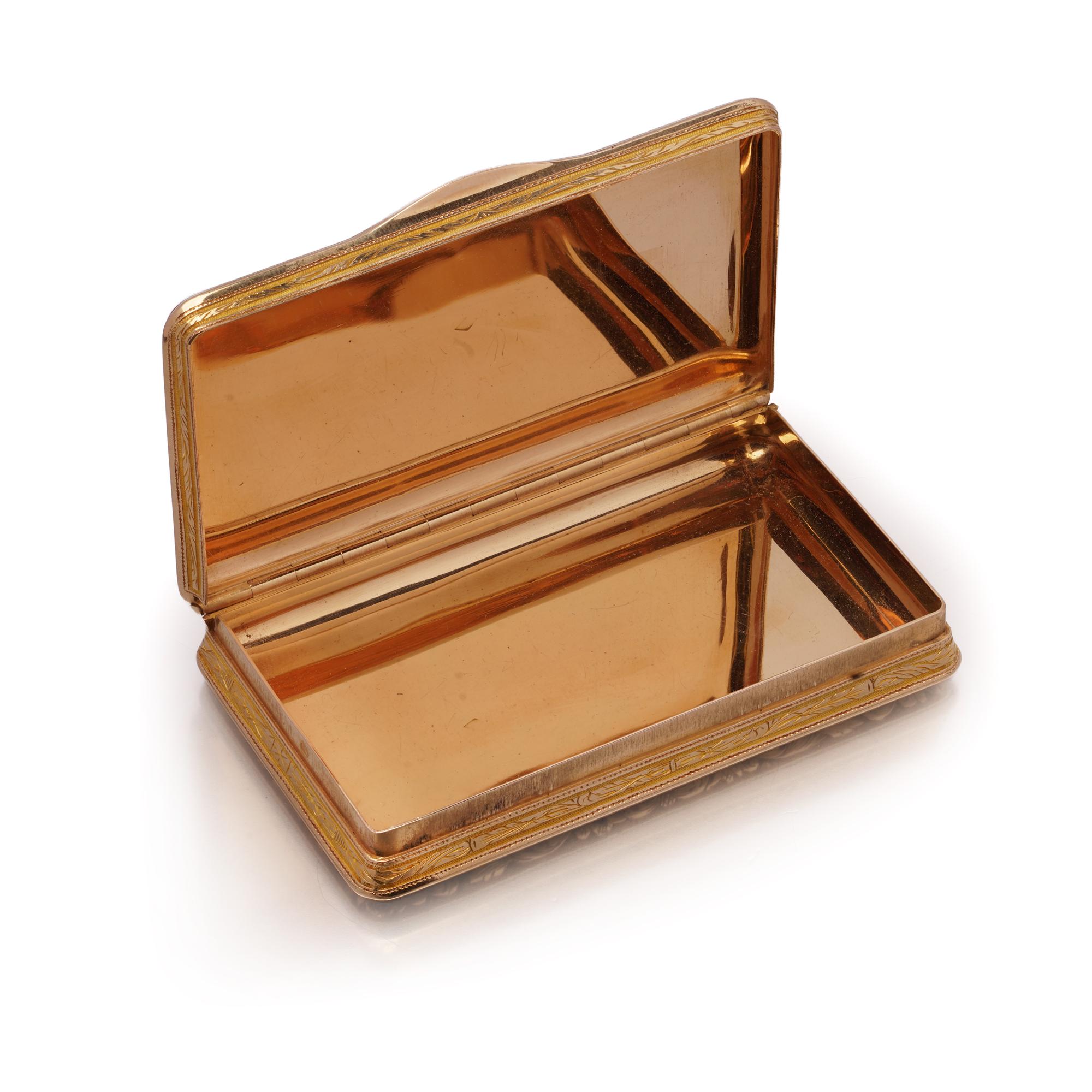 Fine Antique Swiss 18kt Gold Engine-Turned & Chased Rectangular Box — French Import Marks

An impressive antique 18kt gold rectangular box featuring exceptional engine-turned guilloché decoration combined with finely hand-chased foliate borders. The