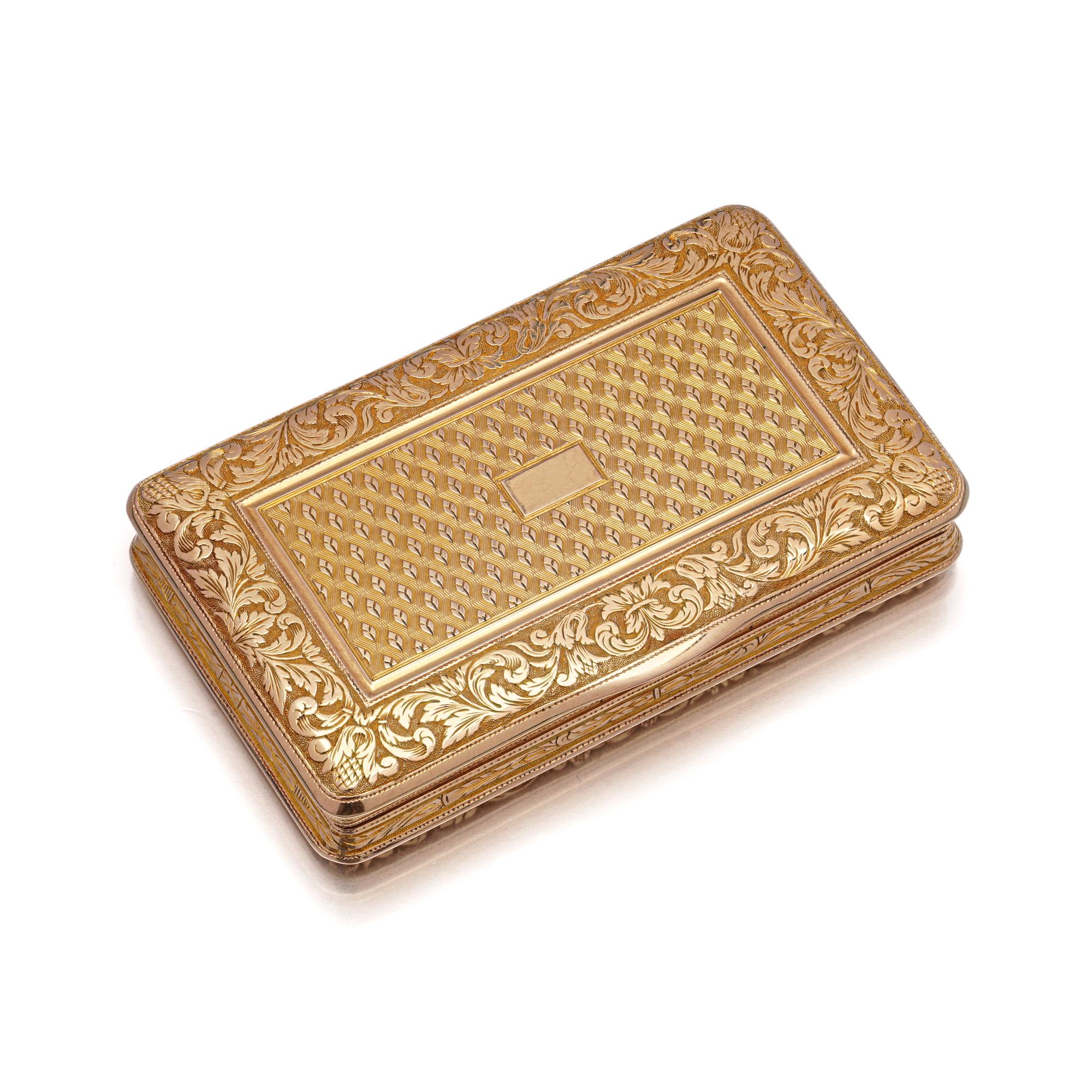 French Fine Antique Swiss 18kt Gold Engine-Turned & Chased Rectangular Box For Sale