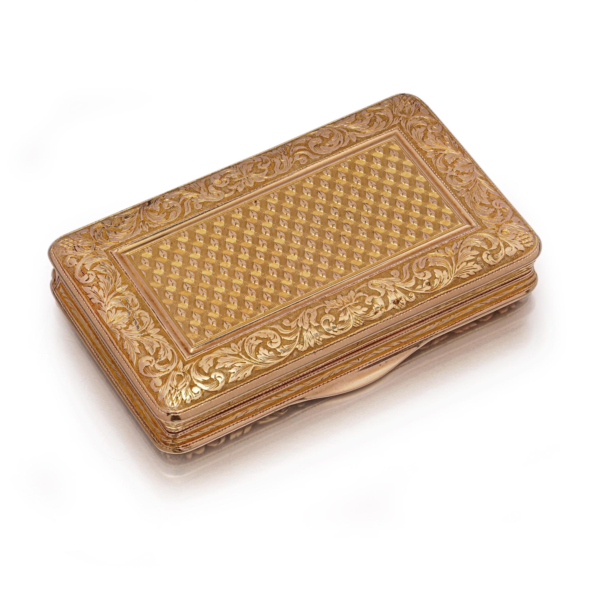 Fine Antique Swiss 18kt Gold Engine-Turned & Chased Rectangular Box In Good Condition For Sale In Braintree, GB