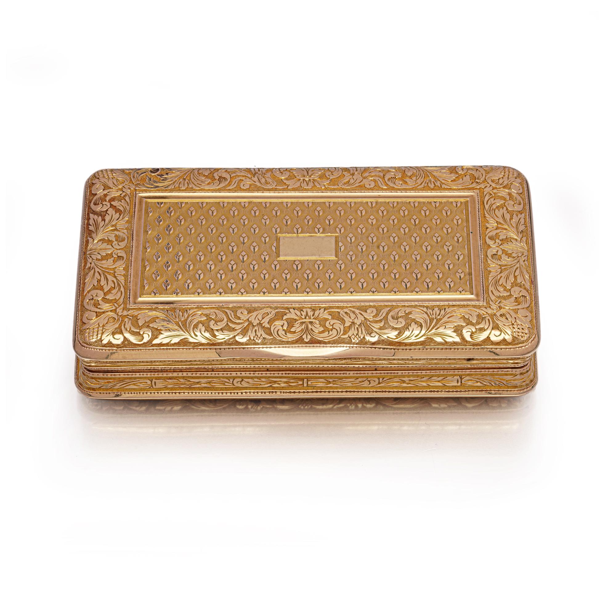 Fine Antique Swiss 18kt Gold Engine-Turned & Chased Rectangular Box For Sale 4