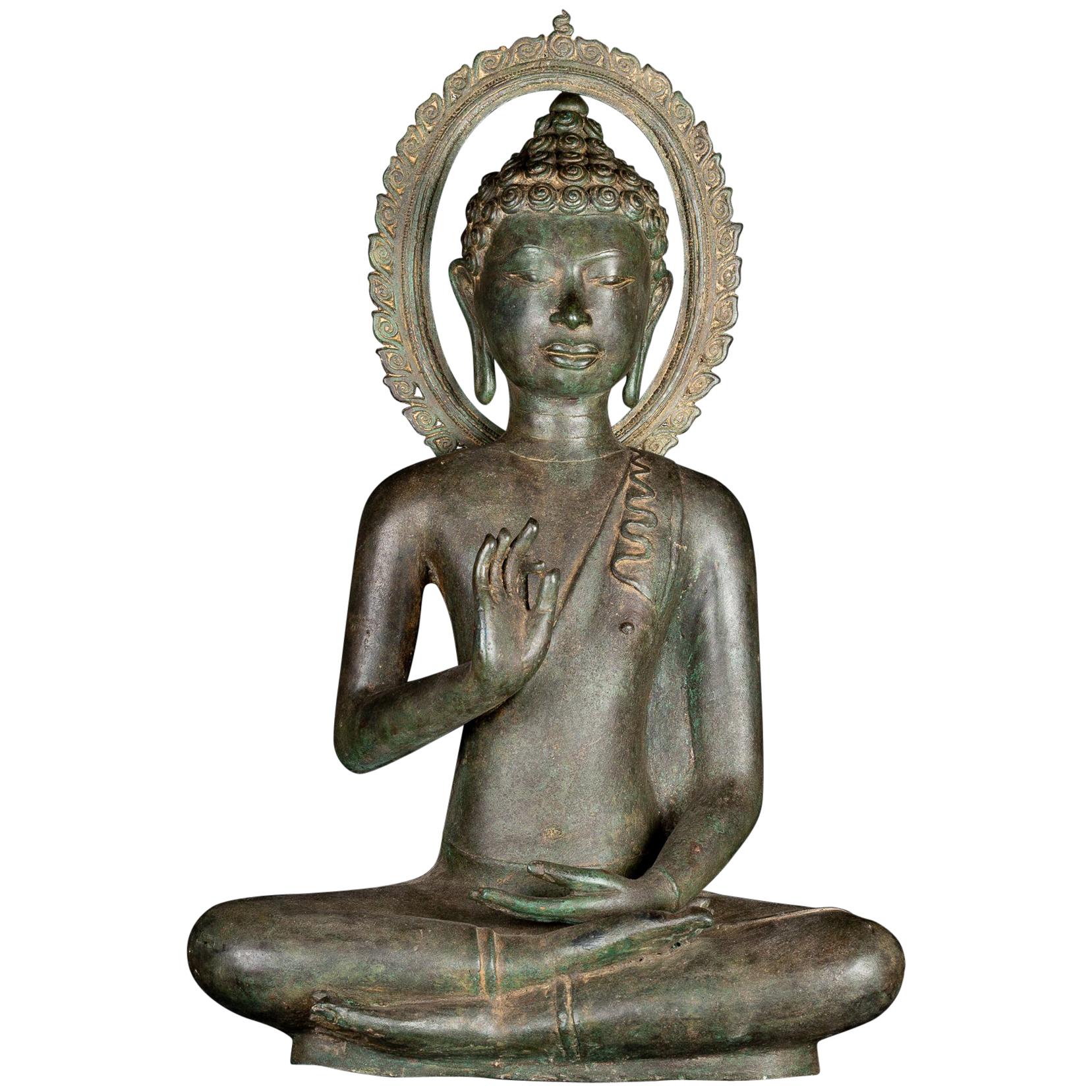 Fine Antique Teaching Buddha with Divine Halo Hand Cast Bronze, 19th Century