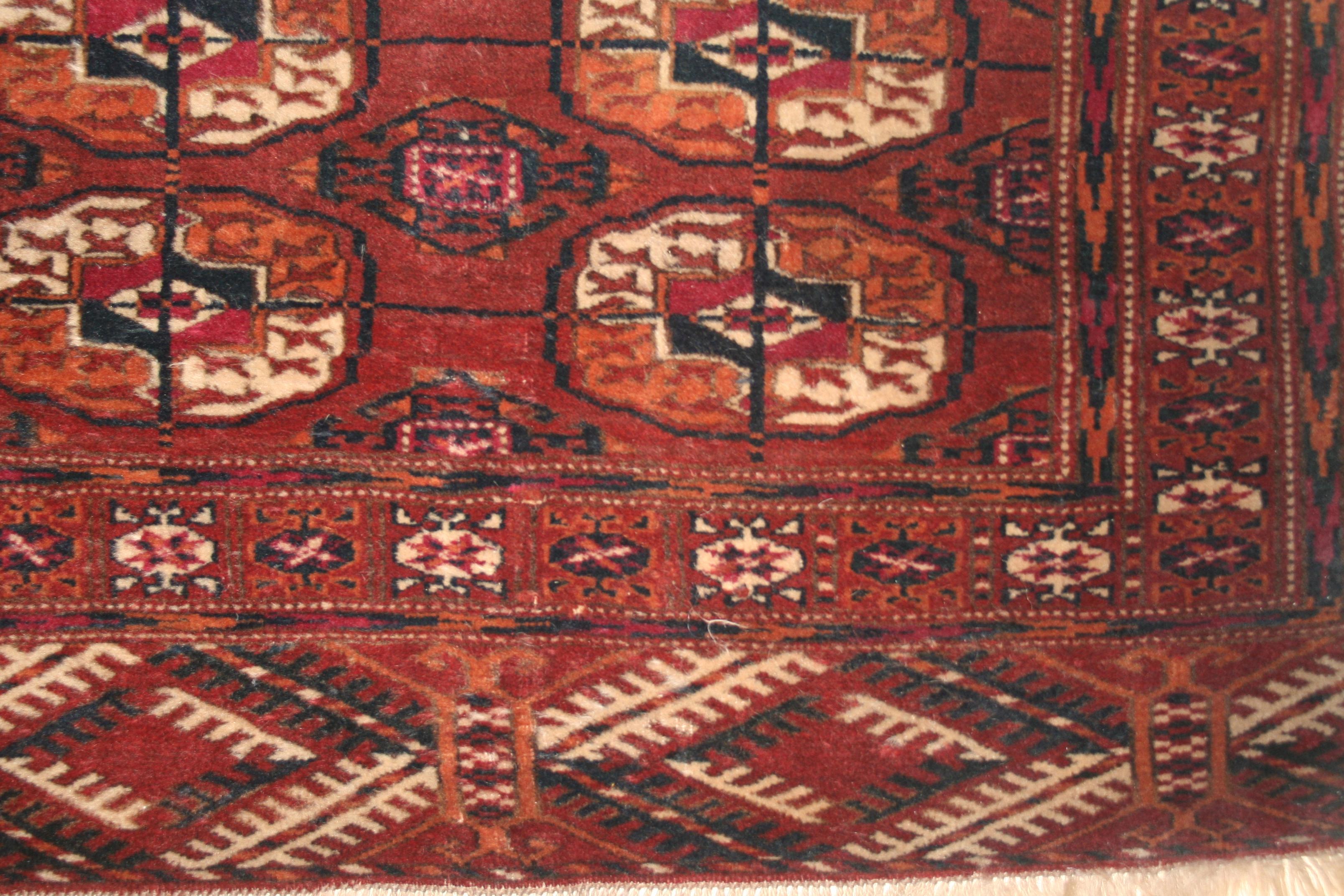 A fine and small rug from the Tekke Turkmen tribe, located close to the border with the northeastern Persian province of Khorassan. The rugs of this tribe have always been highly prized in the west, and were avidly collected at the beginning of the