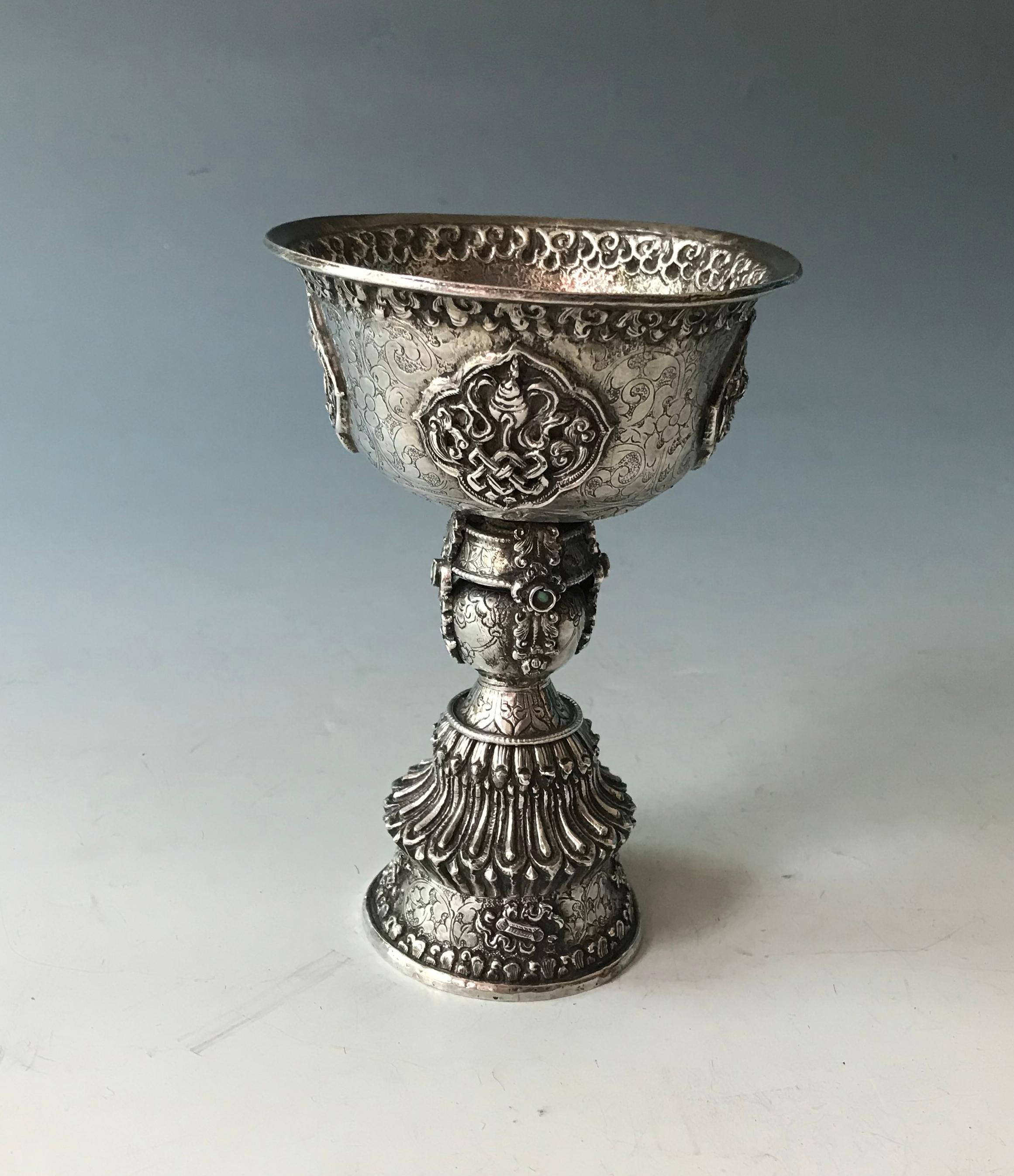 20th Century Fine Antique Tibetan Ritual Silver Butter Oil Lamp