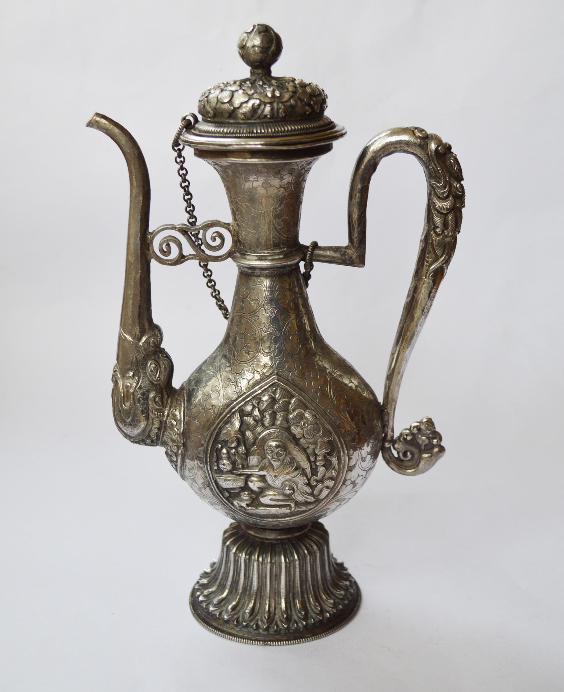 Hammered Fine Antique Tibetan Ritual Silver Ewer Asian Chinese Buddhist antiques 