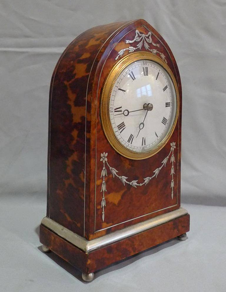 English Fine Antique Tortoiseshell and Silver Inlaid Lancet Shaped Mantel Clock
