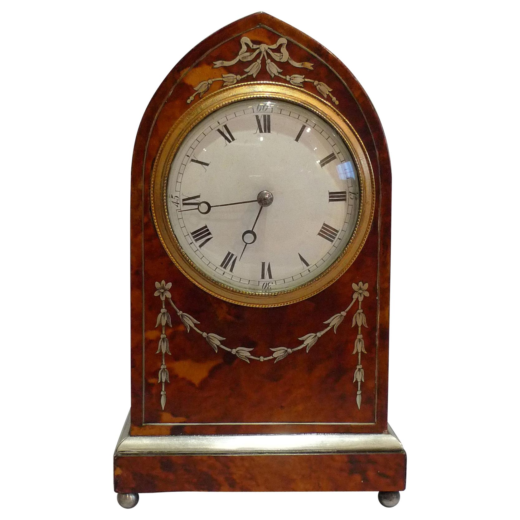 Fine Antique Tortoiseshell and Silver Inlaid Lancet Shaped Mantel Clock