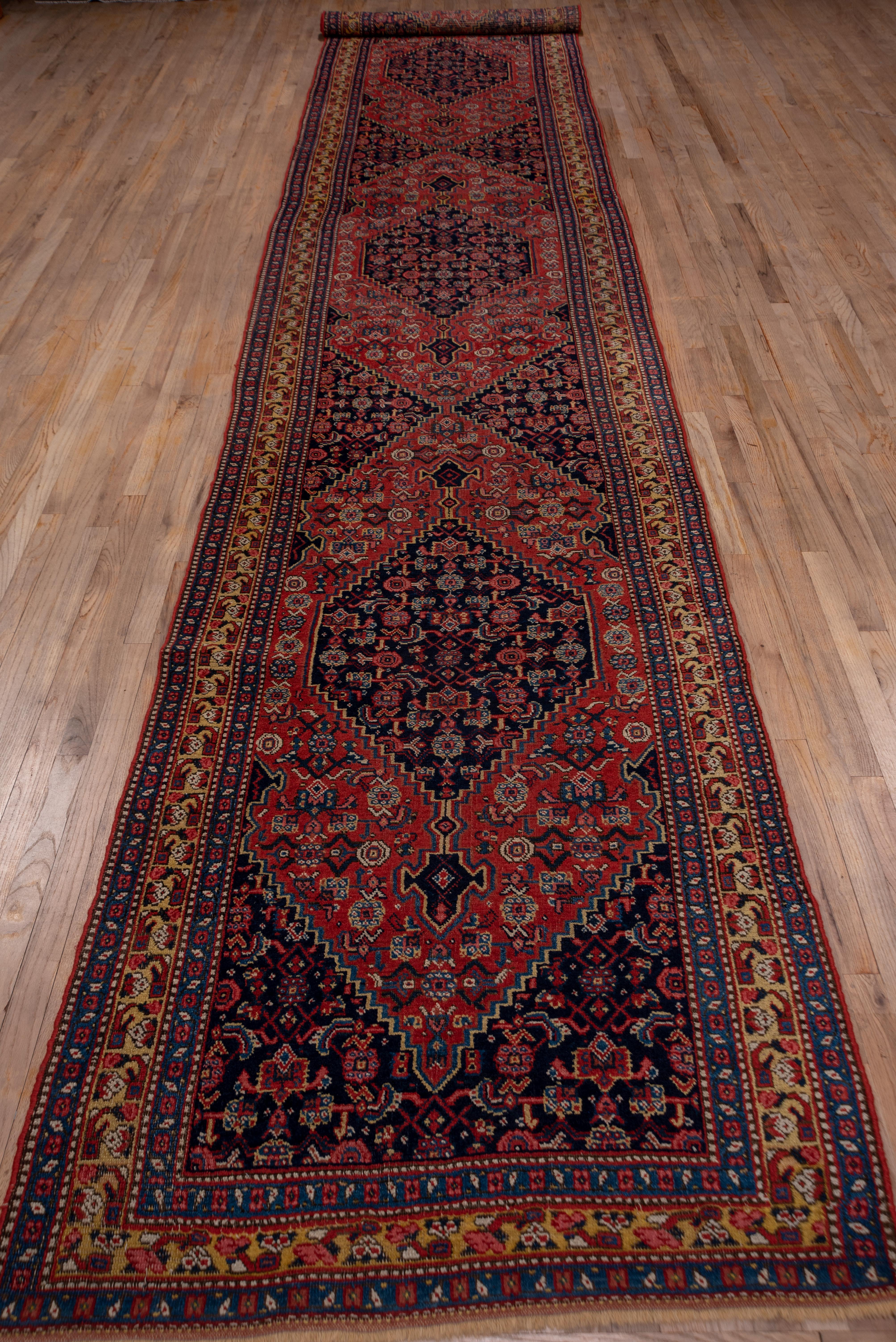Antiker Stammeskunst-Bidjar-Läufer, marineblau und rot, Goldbordüren, um 1900 (Persisch) im Angebot