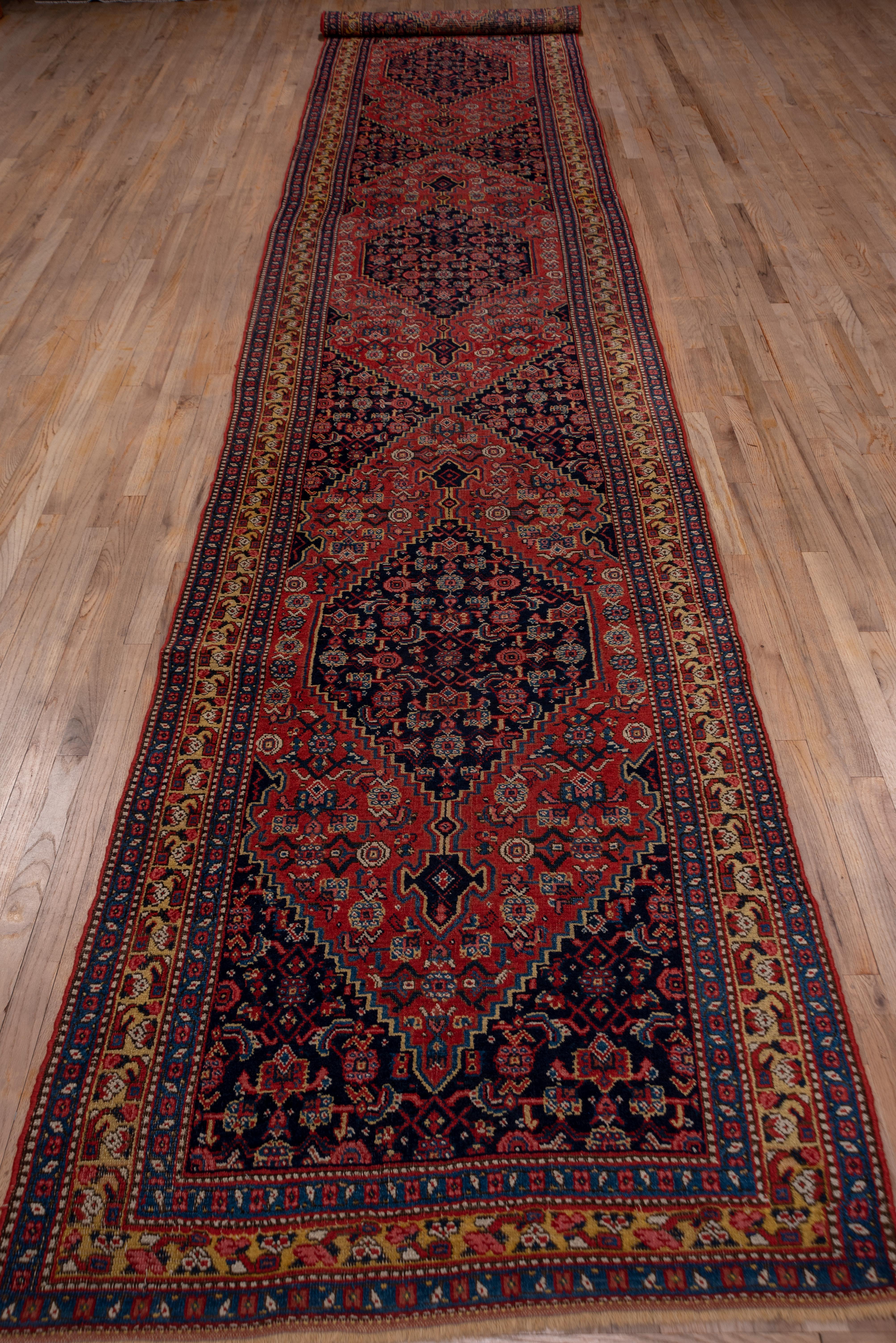 Persian Fine Antique Tribal Bidjar Runner, Navy & Red Field, Gold Borders, circa 1900s For Sale