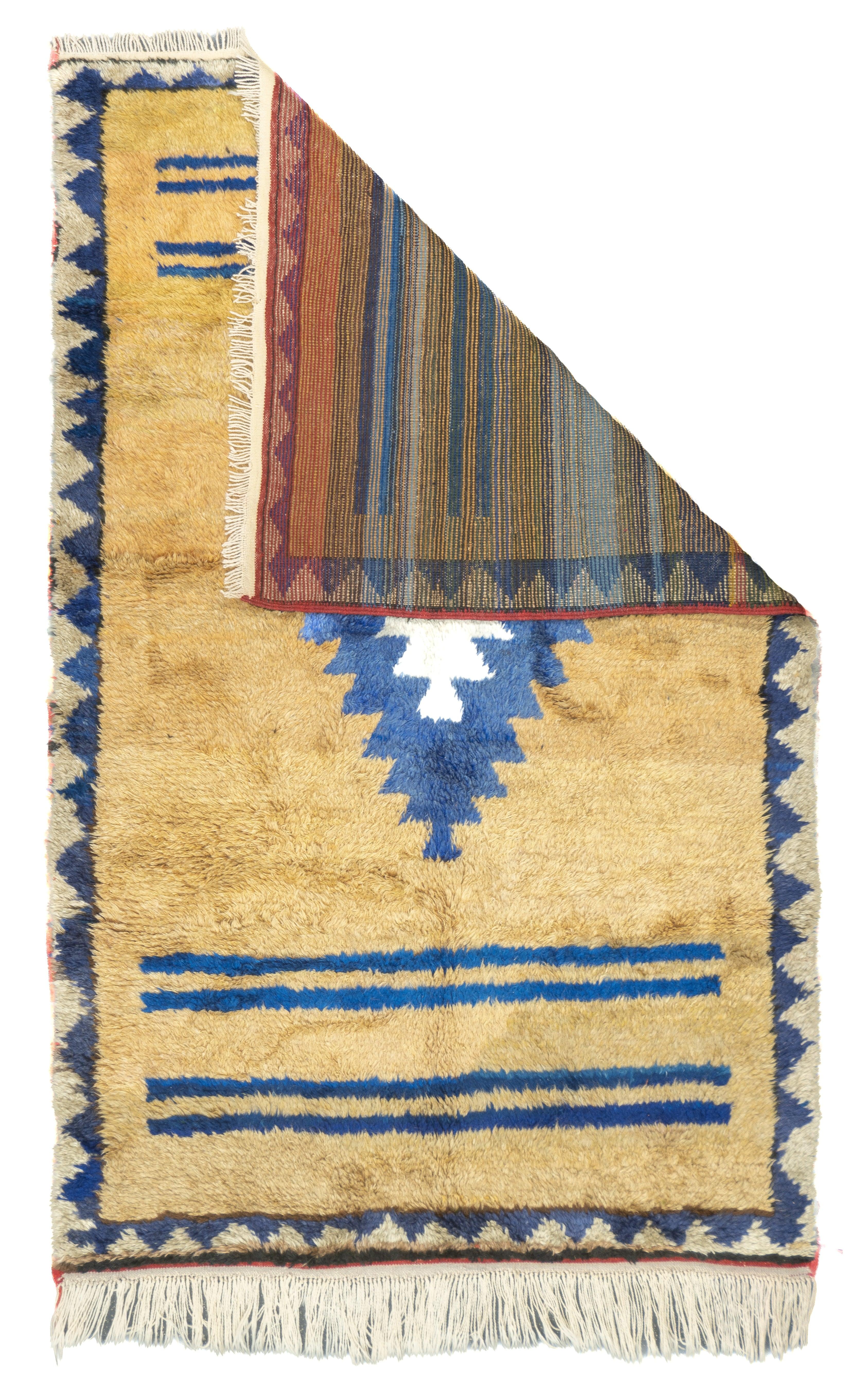 Fine Antique Turkish Oushak Angora Wool Rug 4'8'' x 7'2''. A boldly simple, tri-tone Moroccanesque scatter with a straw field and layered cerulean and cream ashik medallion. Two pairs of blue lines above and below. Ivory and blue triangle border.