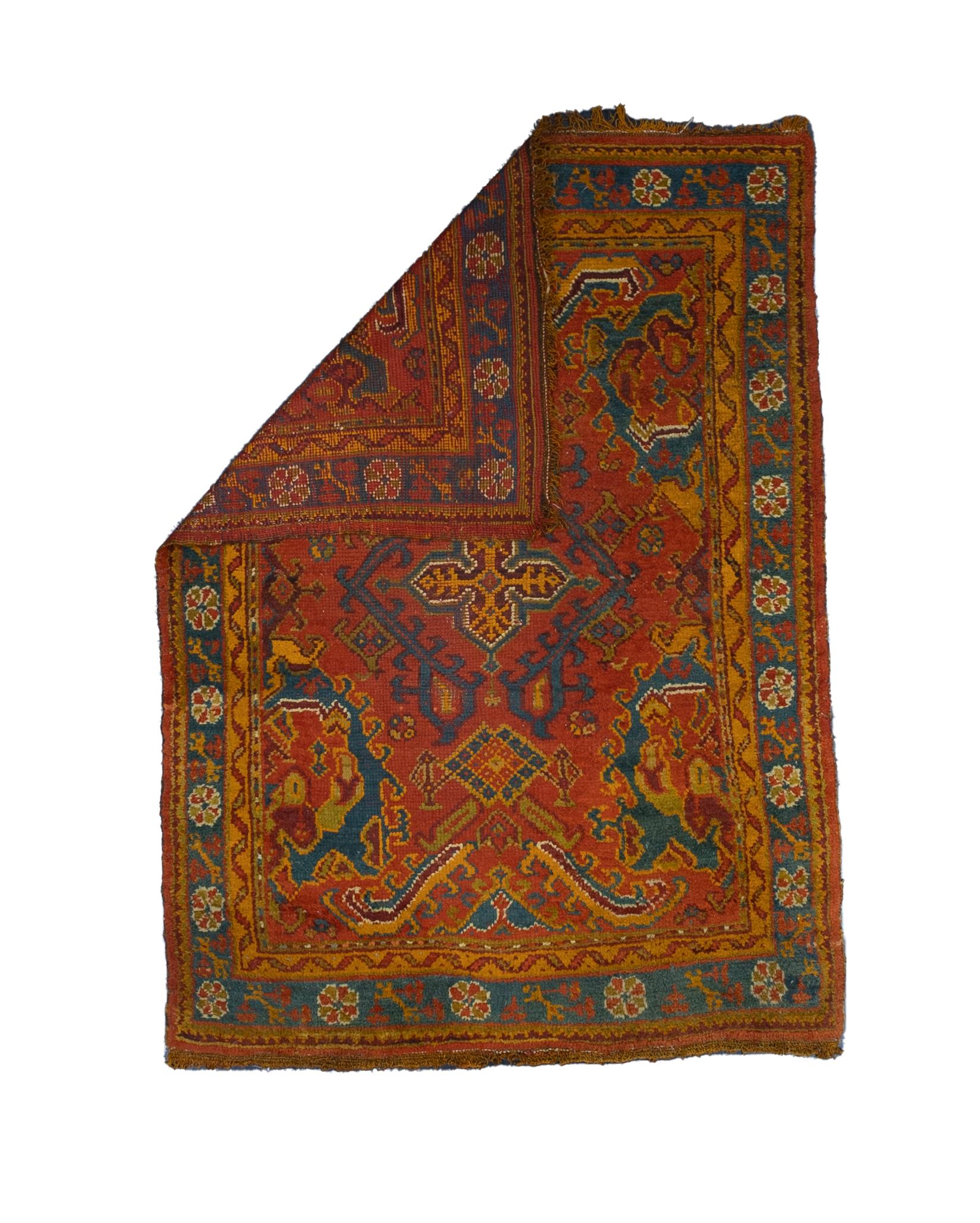 Fine Antique Turkish Oushak Wool Rug 4’11” x 6’8”. Town in Western Anatolia, weaving mostly room sizes, in coarse to moderate weave, high pile. Antiques are all wool, changing to cotton foundations in the 1920’s. Geometric or Persian-derived