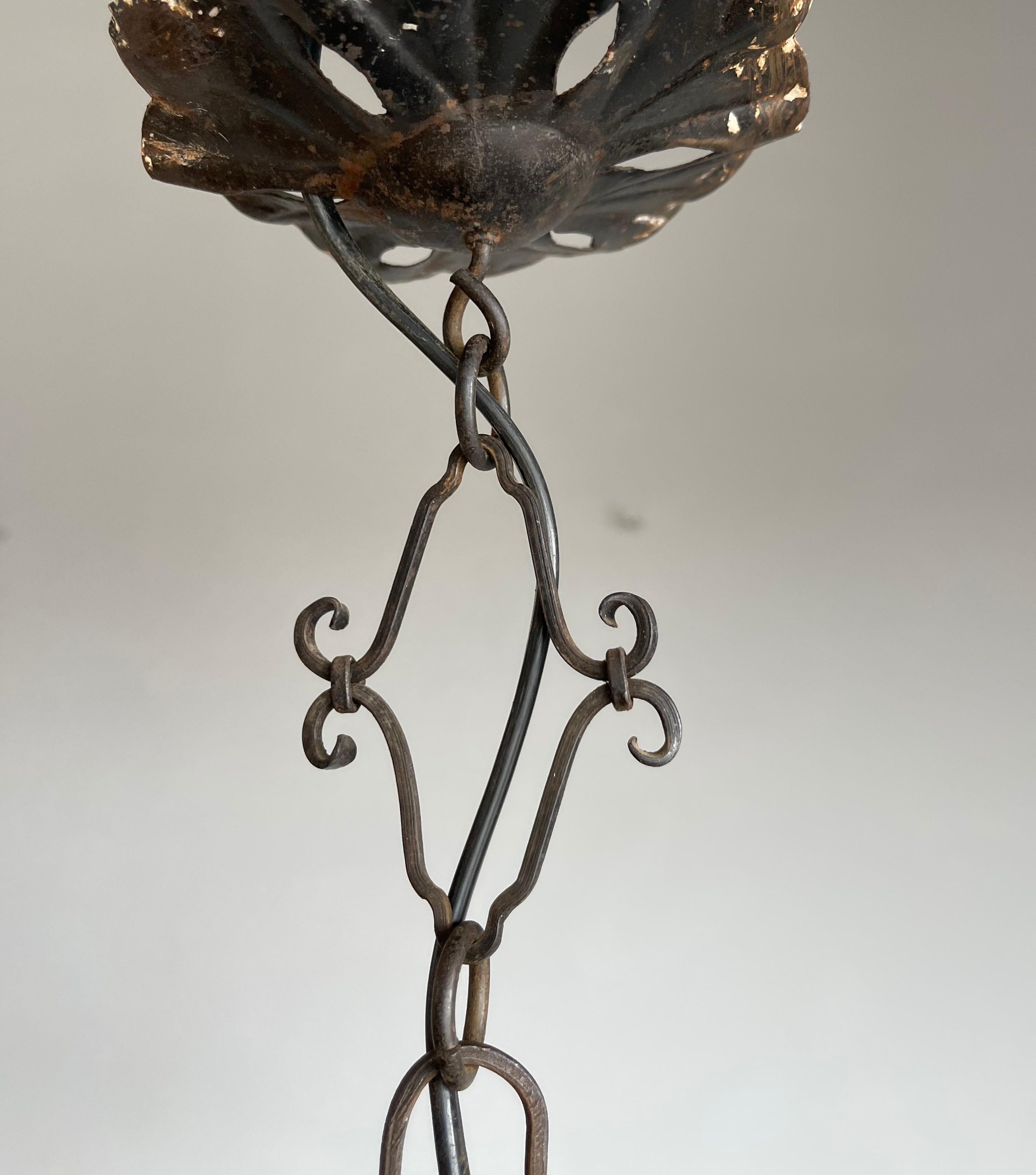Fine Antique Venetian Mouth Blown Glass Art in Wrought Iron Frame Pendant Light 1