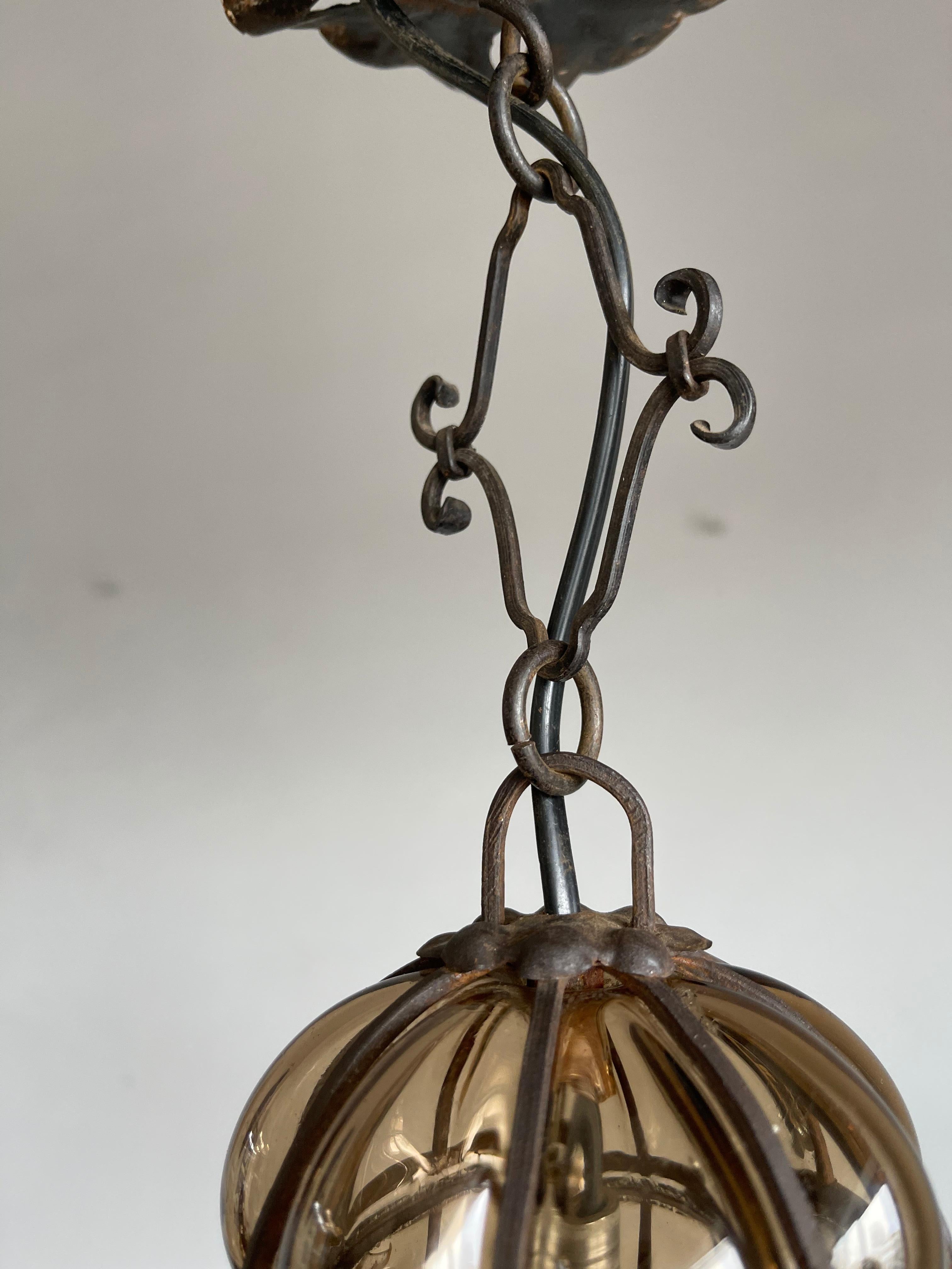 Fine Antique Venetian Mouth Blown Glass Art in Wrought Iron Frame Pendant Light 2