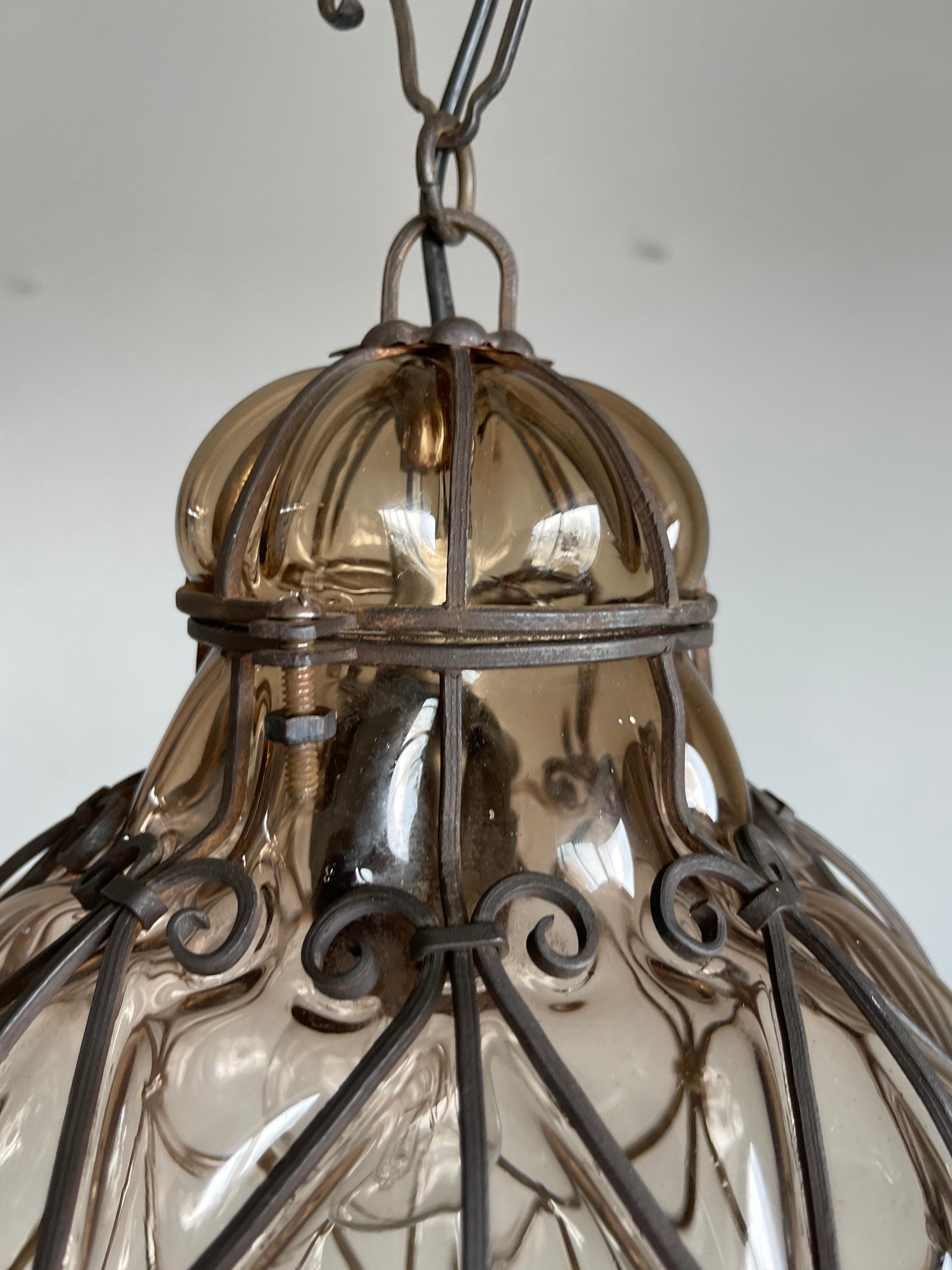 Fine Antique Venetian Mouth Blown Glass Art in Wrought Iron Frame Pendant Light 3
