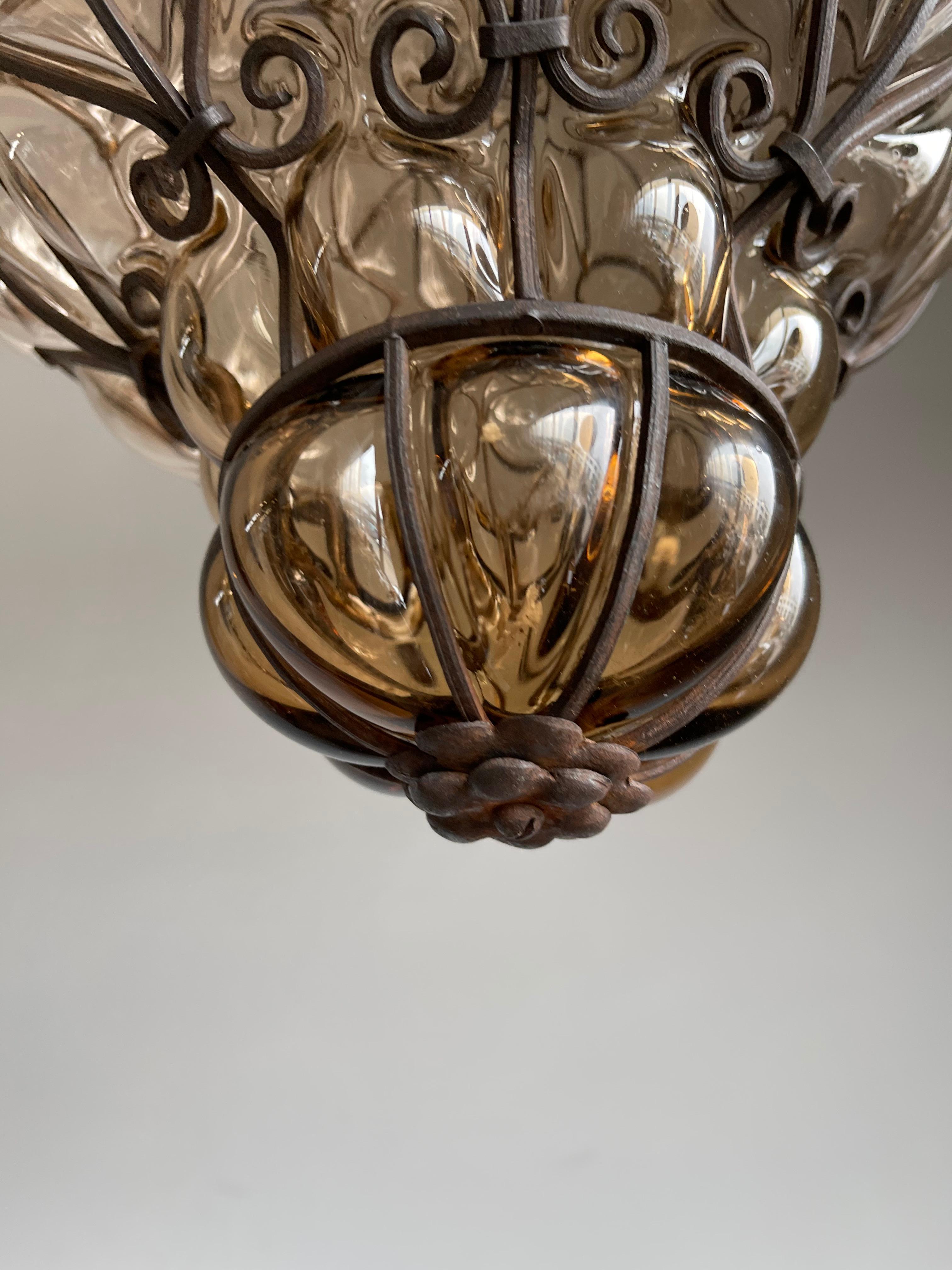 Fine Antique Venetian Mouth Blown Glass Art in Wrought Iron Frame Pendant Light 4