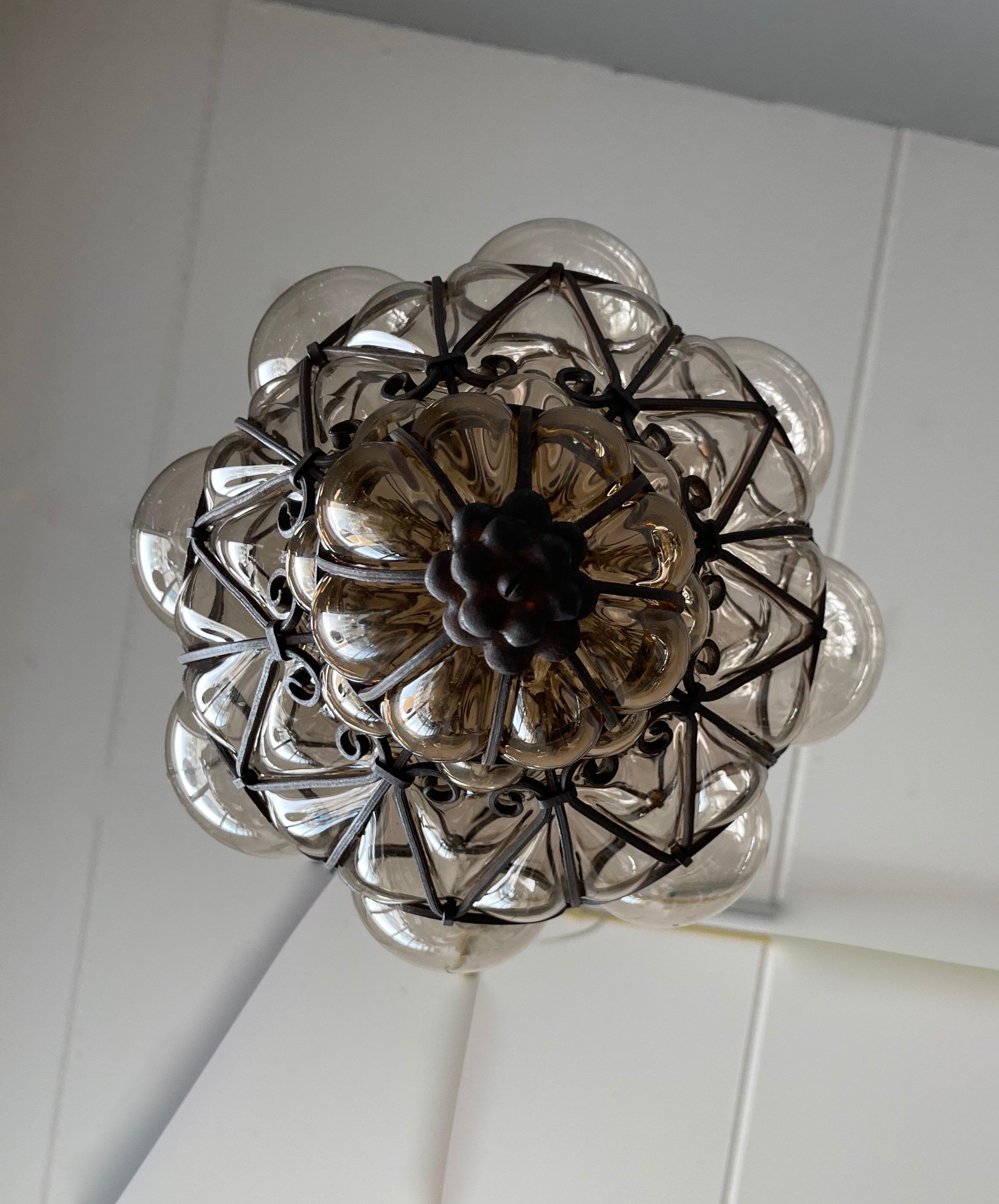 Fine Antique Venetian Mouth Blown Glass Art in Wrought Iron Frame Pendant Light 5