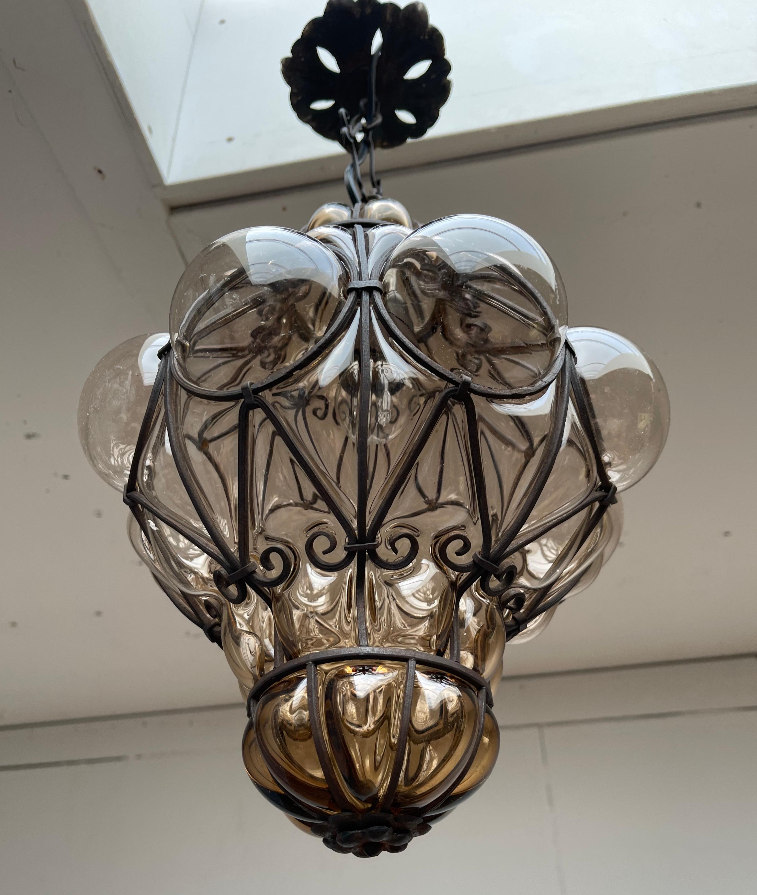 Fine Antique Venetian Mouth Blown Glass Art in Wrought Iron Frame Pendant Light 6