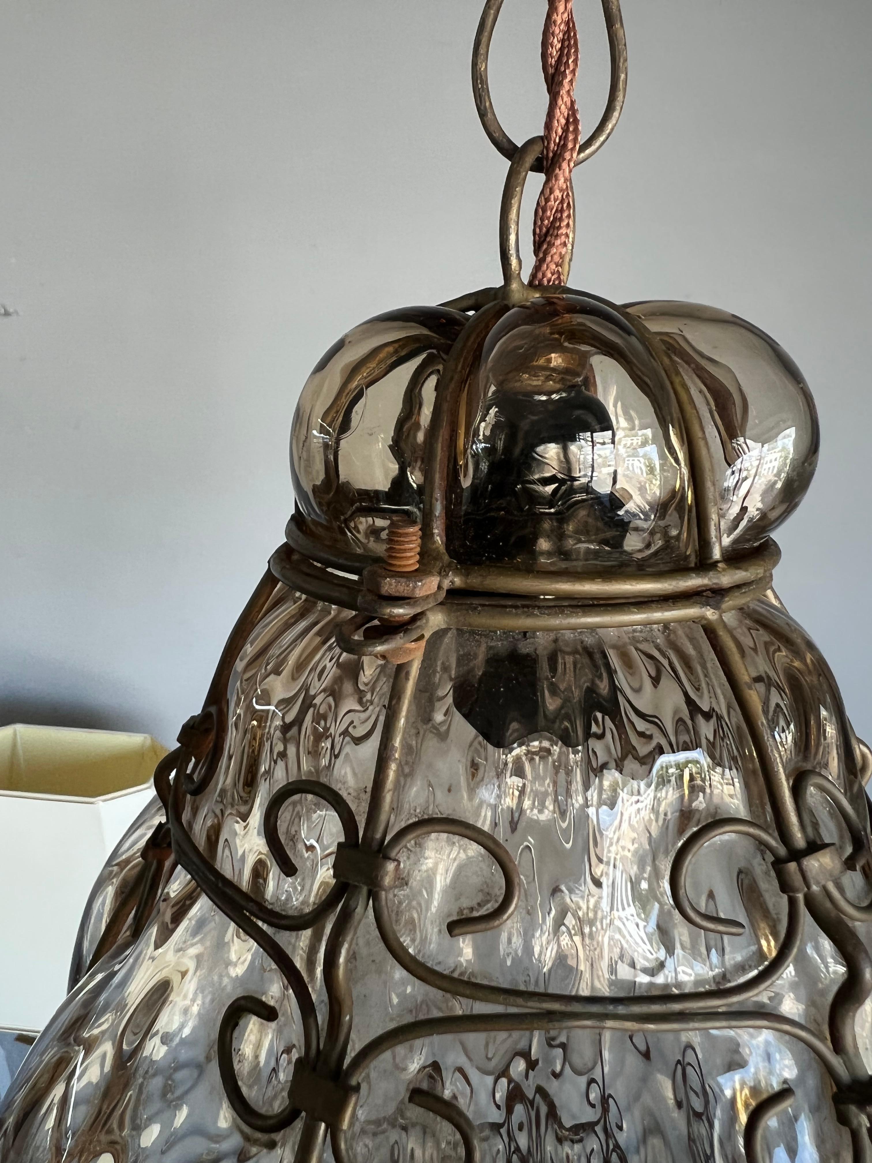 Small Antique Venetian Mouth Blown Smoked Glass Art in Iron Frame Pendant Light For Sale 7