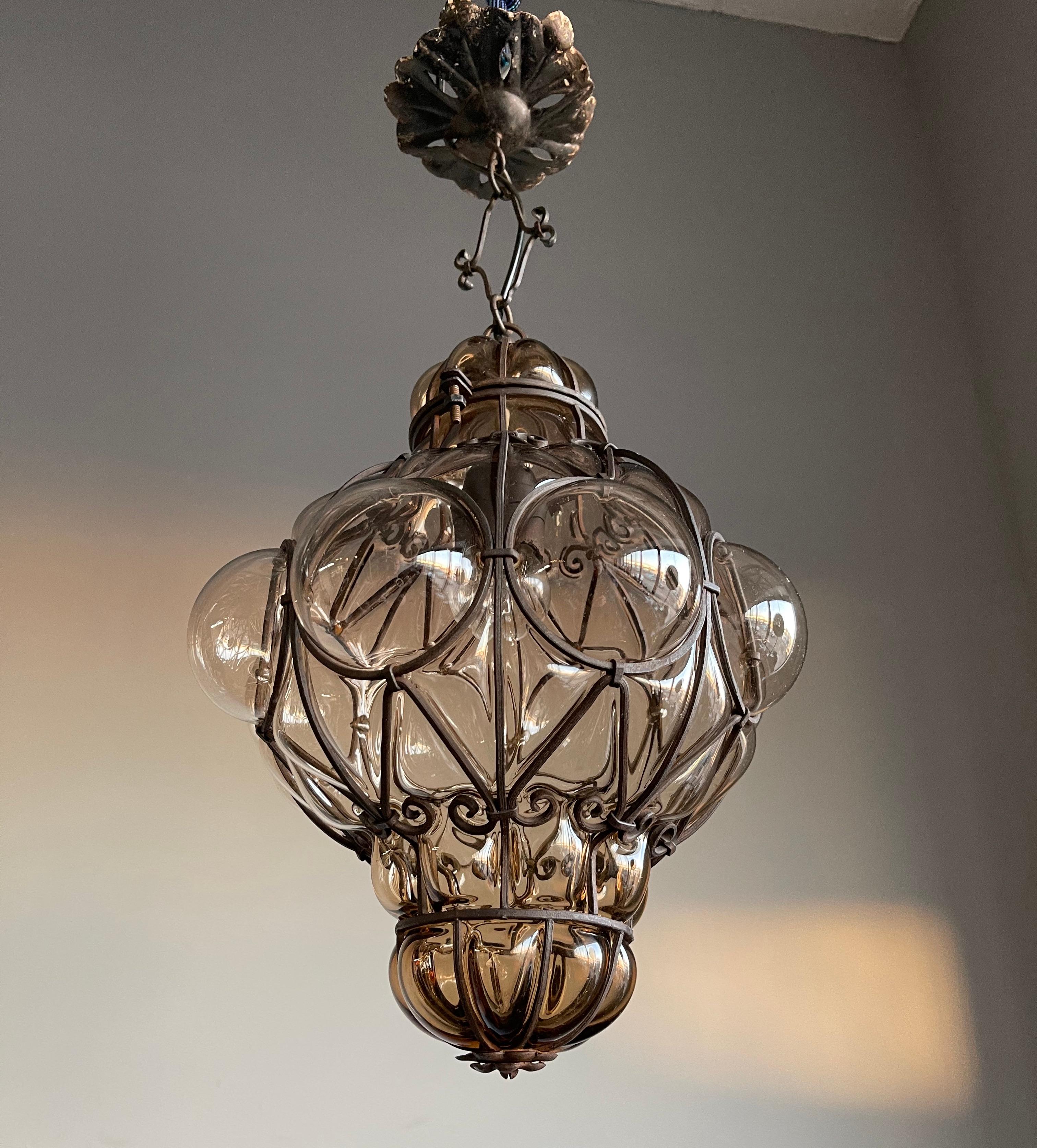 Fine Antique Venetian Mouth Blown Glass Art in Wrought Iron Frame Pendant Light 7