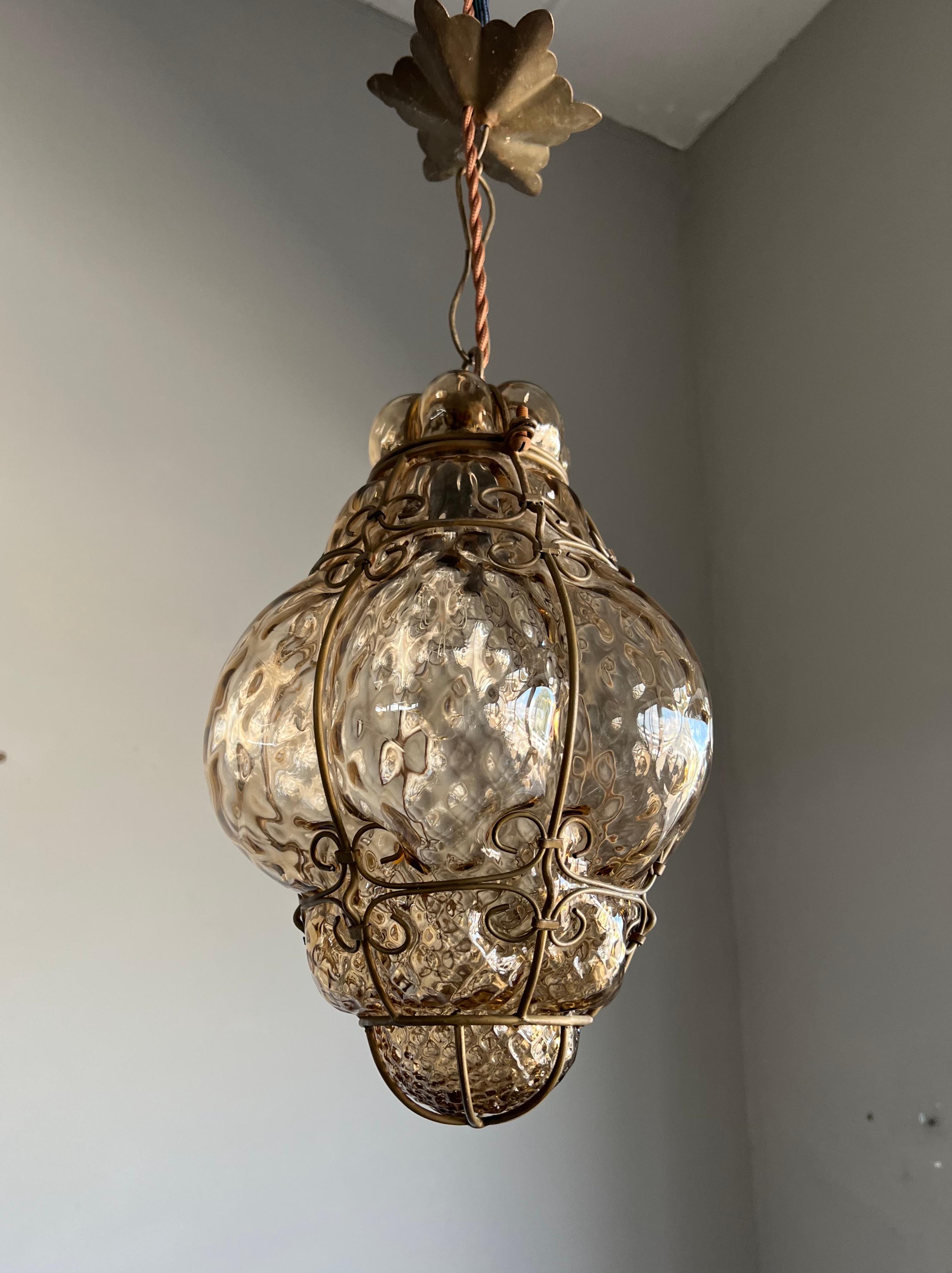 Small Antique Venetian Mouth Blown Smoked Glass Art in Iron Frame Pendant Light For Sale 8