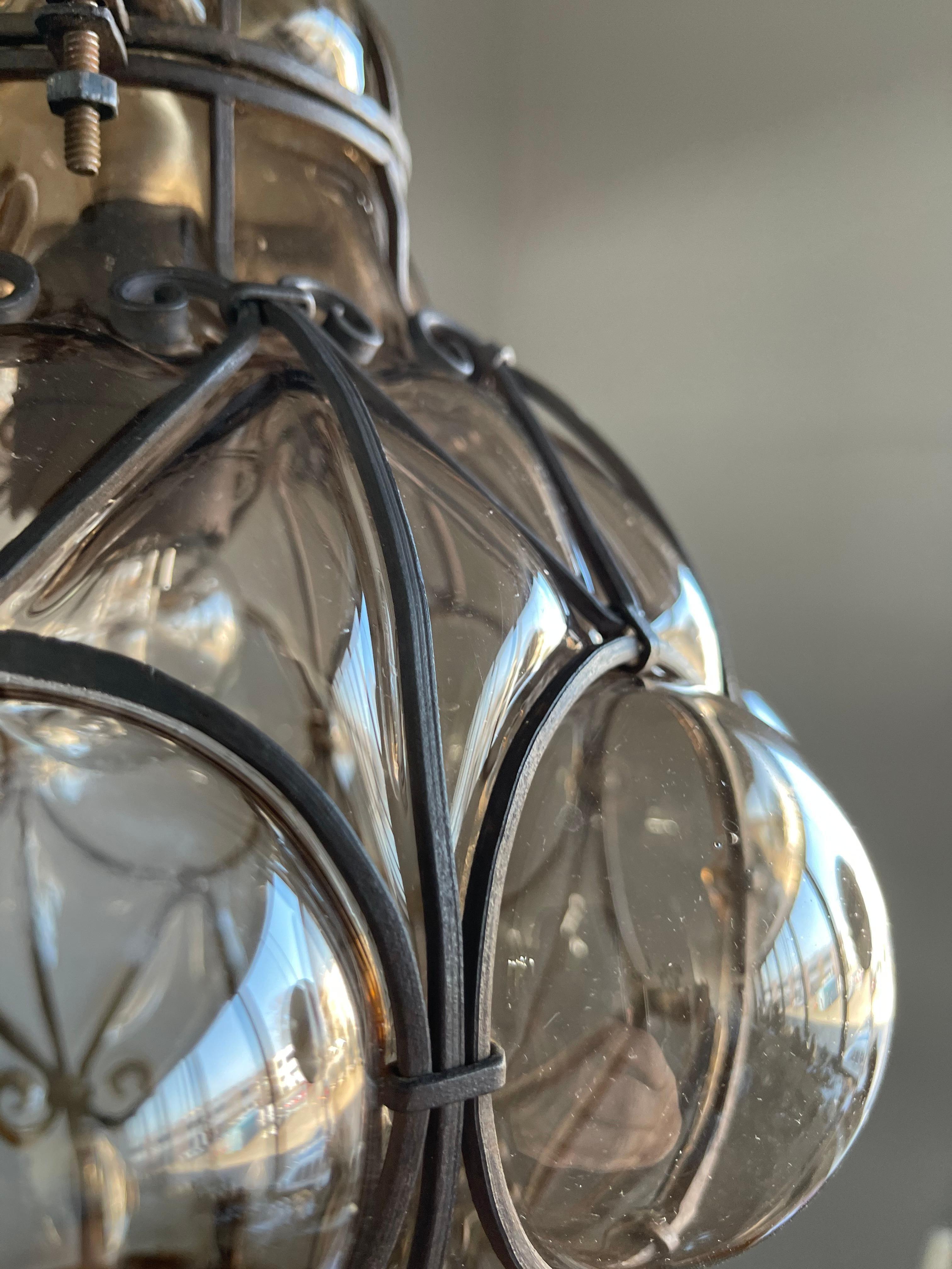 Fine Antique Venetian Mouth Blown Glass Art in Wrought Iron Frame Pendant Light 8