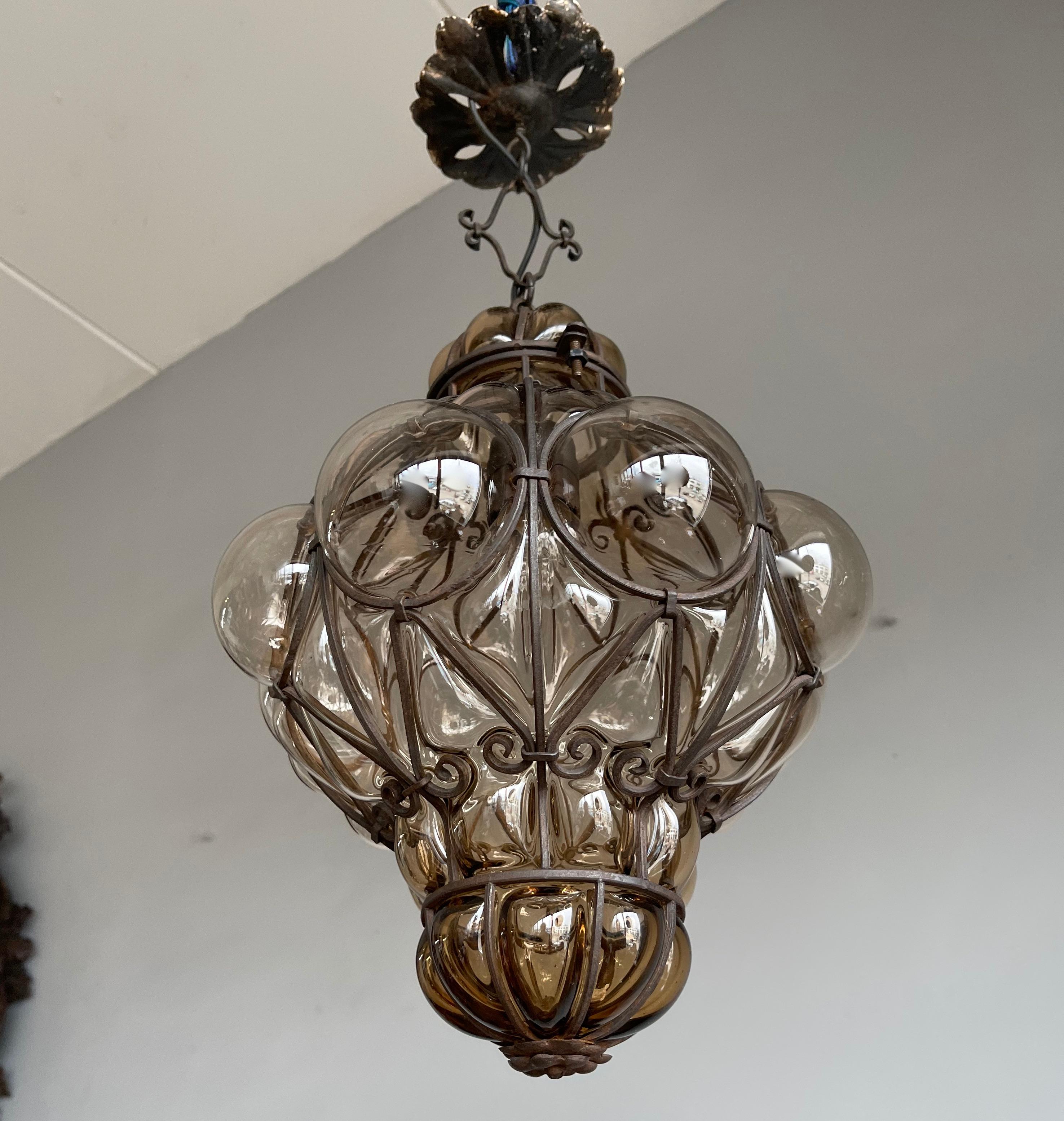 Fine Antique Venetian Mouth Blown Glass Art in Wrought Iron Frame Pendant Light 9