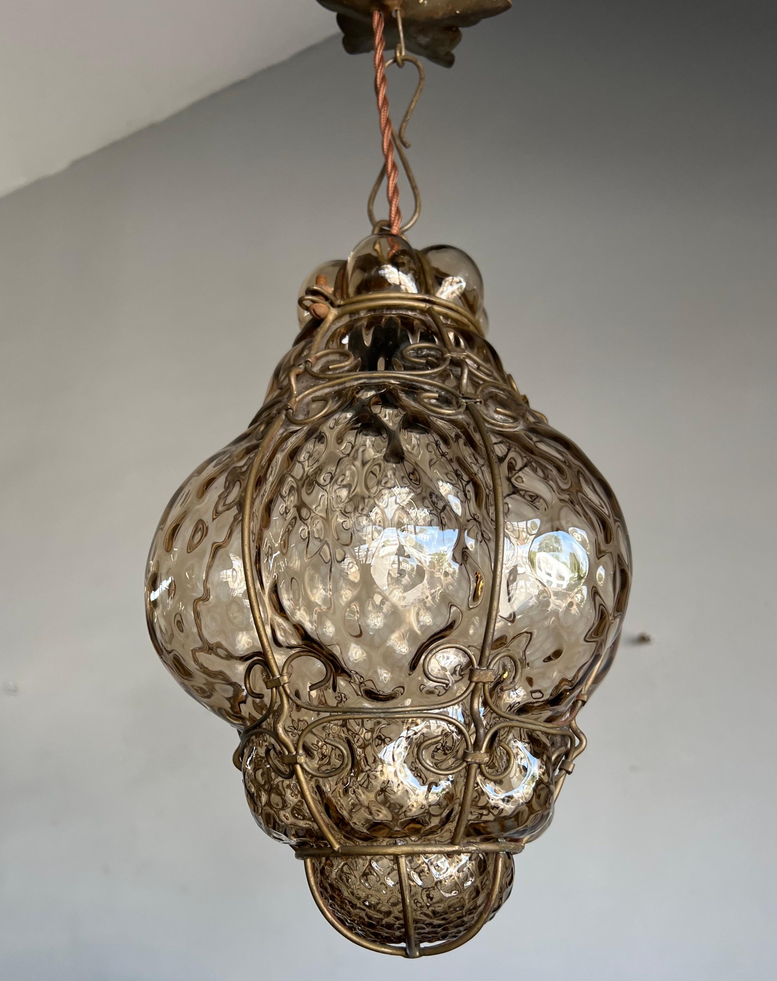 Small Antique Venetian Mouth Blown Smoked Glass Art in Iron Frame Pendant Light For Sale 10